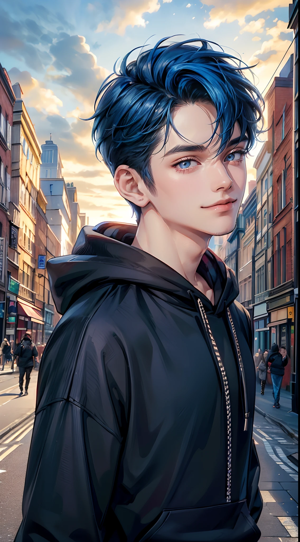 ((4K works))、masterpiece、(top-quality)、One Beautiful Boy、Slim body、tall、((Attractive street style in black hoodie))、(Detailed beautiful eyes)、Fantastic British cities、Daytime city、((Walking through a city in the UK))、((Daytime bright sky))、((Cities in United Kingdom))、((Shot in UK cities))、mid night、((Short-haired bright blue hair))、((Smaller face))、((White eyes))、((American adult male))、((Adult male 26 years old))、((Cool Men))、((Like a celebrity))、((Smile showing teeth and smiling))、((Korean Makeup))、((elongated and sharp eyes))、((boyish))、((Upper body photography))、((Happy dating))、Professional Photos、((Shot alone))、((Shot diagonally from the side))、((Shot in close proximity to him))、((He is walking next to the viewer))、((Focus zoom in))