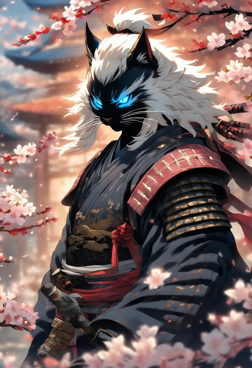 The most brave and noble cat samurai warrior drawing his sword going into battle, white hair, blue eyes, incredibly detailed black samurai armor with mounted sashimono war flag, cherry blossoms blowing in the wind, perfect masterpiece, high quality, high resolution