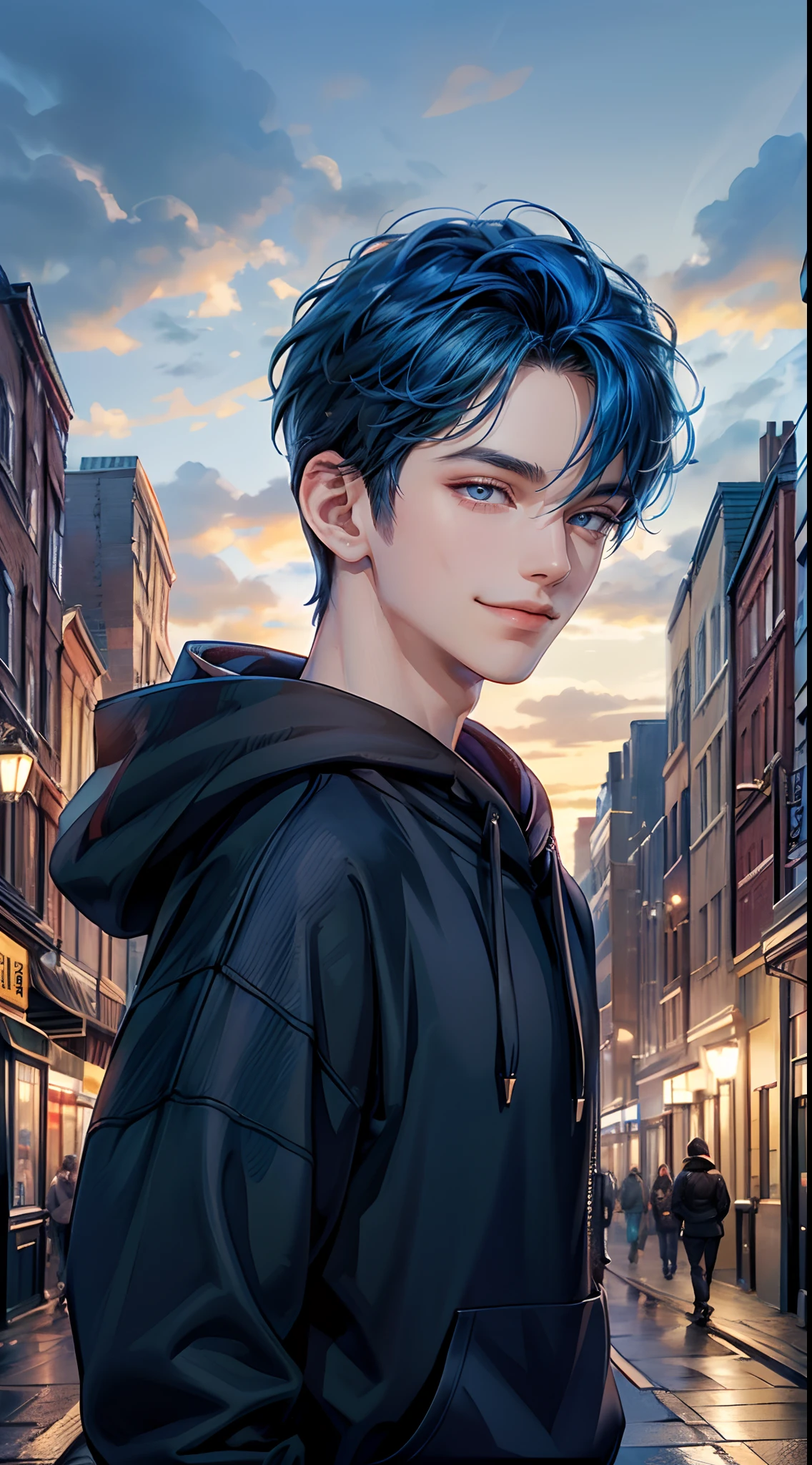 ((4K works))、masterpiece、(top-quality)、One Beautiful Boy、Slim body、tall、((Attractive street style in black hoodie))、(Detailed beautiful eyes)、Fantastic British cities、Daytime city、((Walking through a city in the UK))、((Daytime bright sky))、((Cities in United Kingdom))、((Shot in UK cities))、mid night、((Short-haired bright blue hair))、((Smaller face))、((White eyes))、((American adult male))、((Adult male 26 years old))、((Cool Men))、((Like a celebrity))、((Smile showing teeth and smiling))、((Korean Makeup))、((elongated and sharp eyes))、((boyish))、((Upper body photography))、((Happy dating))、Professional Photos、((Shot alone))、((Shot diagonally from the side))、((Shot in close proximity to him))、((He is walking next to the viewer))、((Focus zoom in))