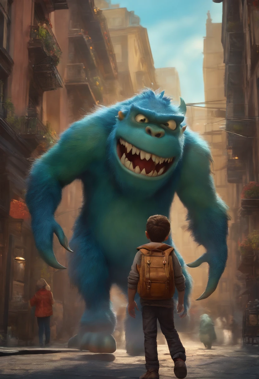 menino, carrying a small monster on his shoulder,Wandering the streets of the city,illustartion,Detailed character design,dynamicpose,urban environment,Works of art in mixed media,Colorful,grainy textures,highly detailed background,Impressive lighting,realistic style,Playful,Expressive Monster Face,Stunning colors and shades,The Emotional Bond Between Boy and Monster,Realistic rendering,Best Quality,4k resolution,Ultra-detailed,Professional Artwork,Vivid colors,sharp-focus,studio lightning.