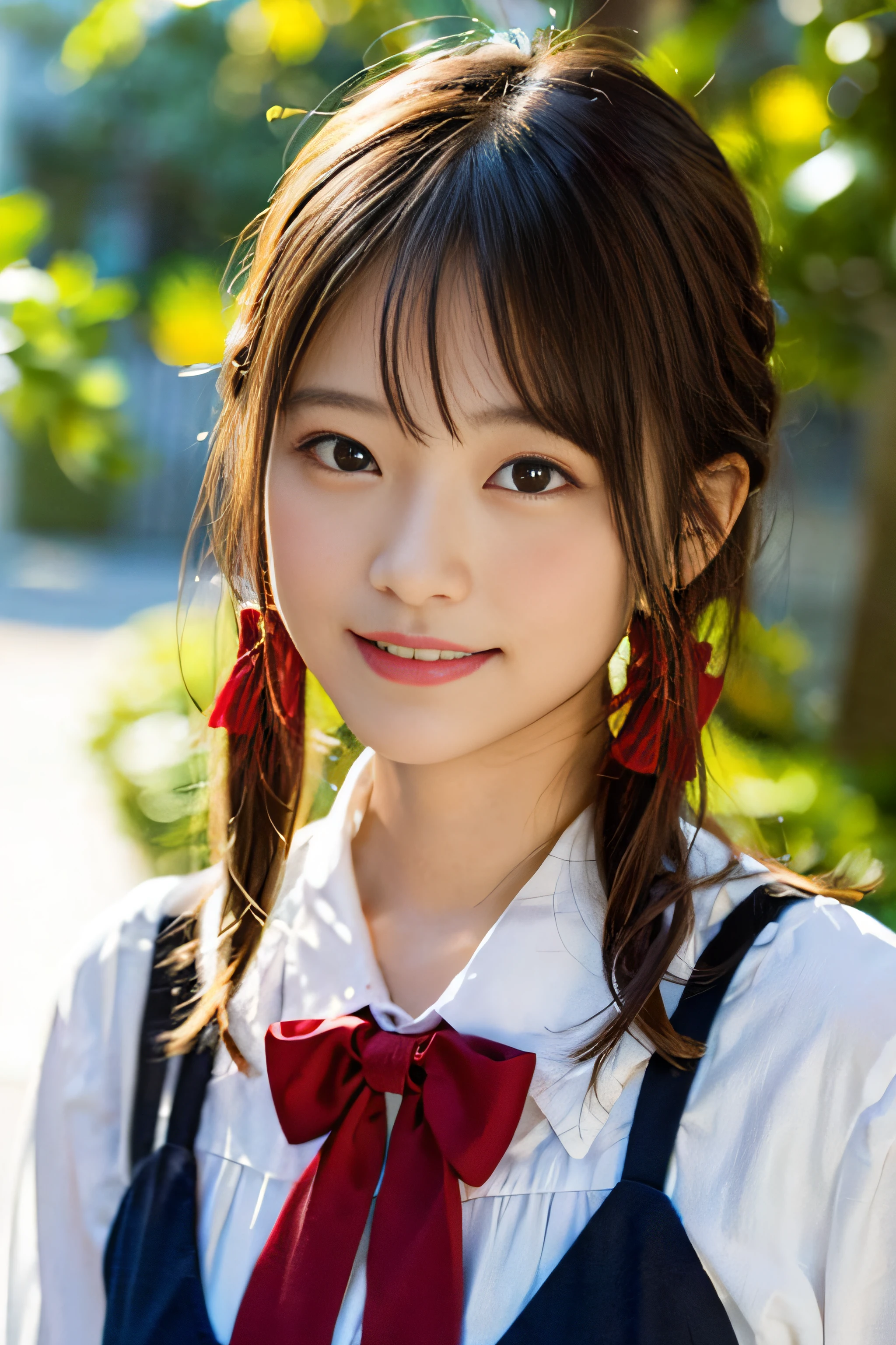 (8K、Raw photography、top-quality、​masterpiece:1.2)、(realisitic、Photorealsitic:1.37)、ultra-detailliert、超A high resolution、女の子1人、see the beholder、beautifull detailed face、A smile、Constriction、(Slim waist) :1.3)、Beautiful detailed skin、Skin Texture、Floating hair、Professional Lighting、Whole human body、a blond、japanese hight school uniform、hi-school girl、School route、autumnal、Colored leaves、Red ribbons、Bob Hair、Happy smile、Suppin、Pigtails hairstyle、Braids