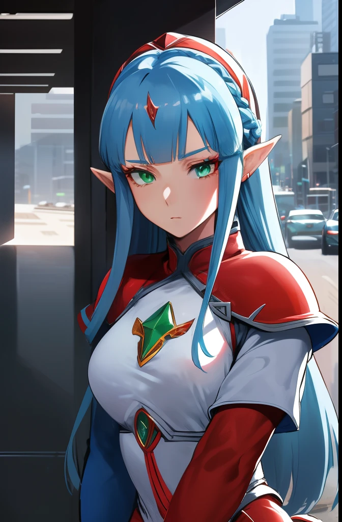 entire body image, standing, Princess Zelda Giant, (Red with silver clothing:1.5), as Ultraman, Overroom 1, Very tight tights, heavy makeup on her face, Light blue gemstone on cuirass, helmet on her head, red lipstick on his mouth, (Her green eyes:1.5, Blue hair:1.5), Look at the audience from the front, She is in a futuristic city，Several monsters attacked the building, Tokusatsu, Ultraman, Anime style, Cinematic lighting, 16k, hyper HD, Masterpiece, Best quality, High details