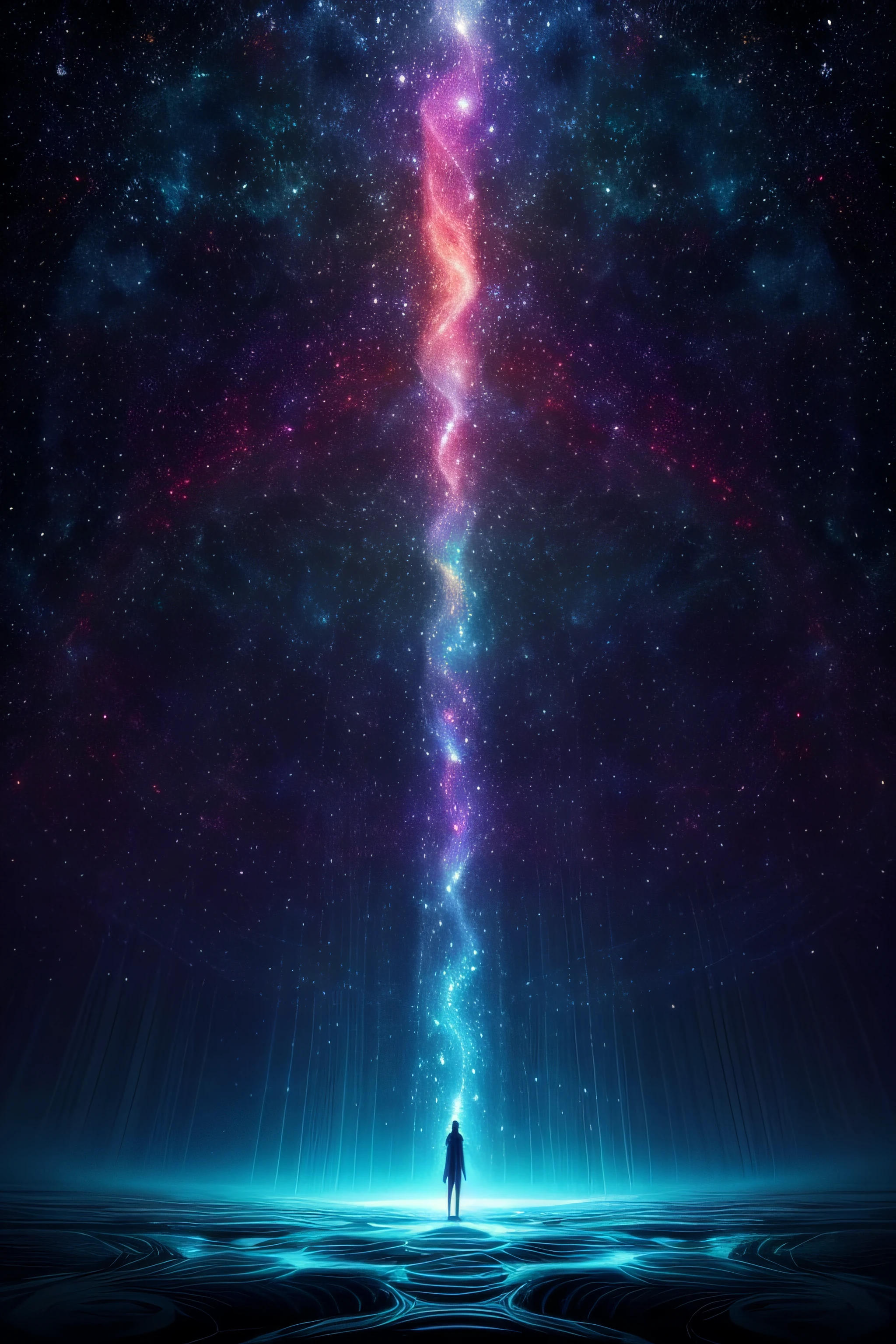 Imagine a vast, cosmic landscape filled with swirling galaxies, nebulae, and stars. In the center of this cosmic expanse stands a figure, representing the One who aspires. The figure is surrounded by ethereal light, symbolizing their creative energy and potential.
From the figure's outstretched hands, intricate lines and shapes emerge, weaving through the cosmos. These lines represent the connections that exist between all things, linking them together in a grand tapestry of existence.
In the foreground, there is a beautifully crafted object, shaped by the skilled hand of the figure. This object is both tangible and ethereal, blurring the line between reality and imagination. It is a symbol of the thing's claim and the transformative power of creation.
Beyond the cosmic backdrop, there is a deep, mysterious cavern. It represents the depths of darkness and the unknown. Within this cavern, hidden treasures and secrets are waiting to be discovered. It symbolizes the journey of self-exploration and overcoming fears.
Above all, the image should convey a sense of awe, wonder, and interconnectedness. It should capture the essence of the poetic passage, inviting viewers to contemplate the nature of existence, perception, and the beauty that resides within.