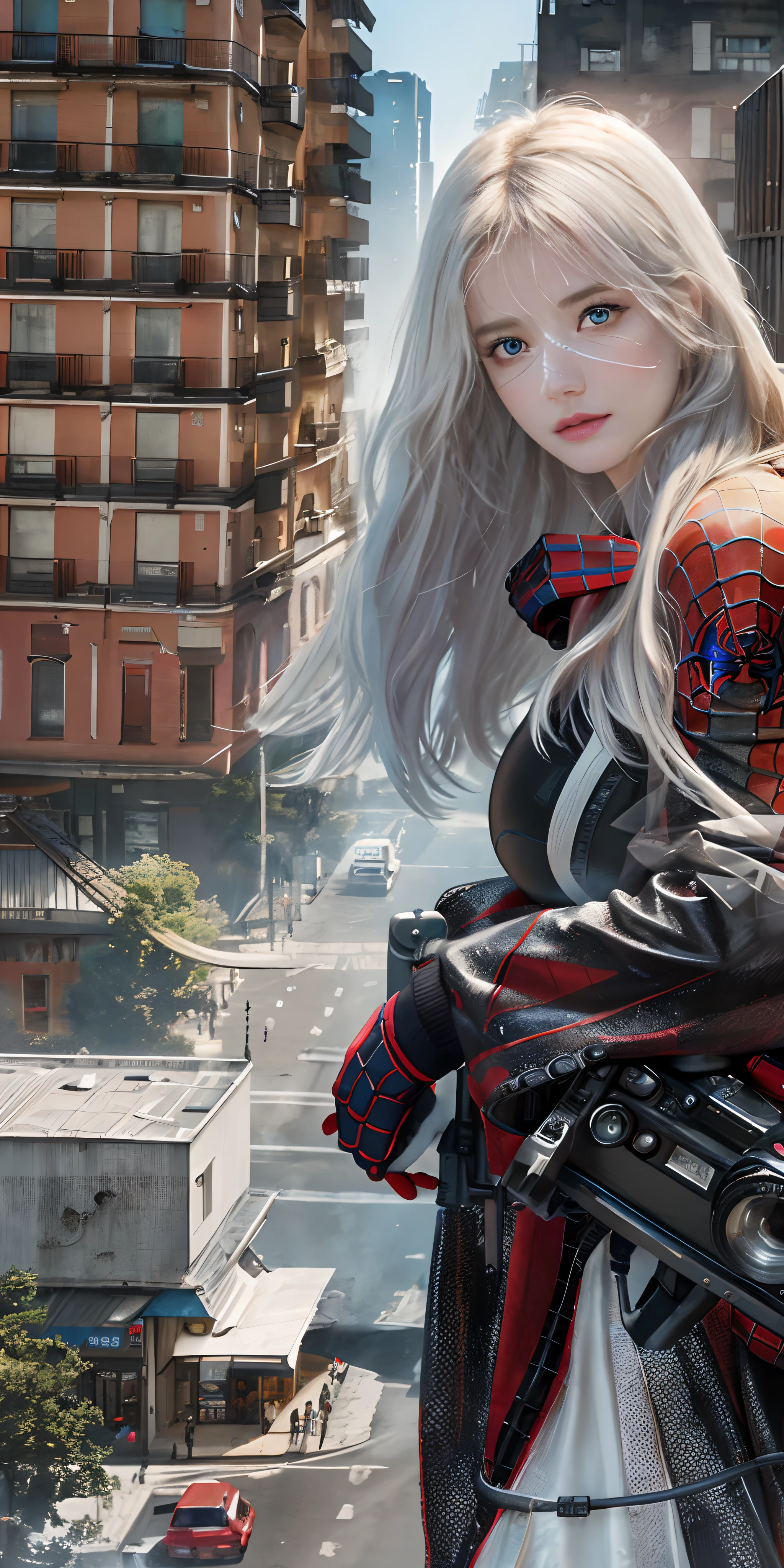 (1girl:1.3), solo, ((very detailed face)))), ((very detailed eyes and face))), beautiful detail eyes, body parts__, official art, unified 8k wallpaper, super detailed, beautiful and beautiful, beautiful, masterpiece, best quality, original, masterpiece, super fine photo, best quality, super high resolution, realistic realism, sunlight, full body portrait, amazing beauty, dynamic pose, delicate face, big breast, vibrant eyes, (from the front), she is wearing a Spider-Man suit, red and black color scheme, spider, very detailed city roof background, rooftop, overlooking the city, detailed face, detailed complex busy background, messy, gorgeous, milky white, highly detailed skin, realistic skin details, visible pores, clear focus, volumetric fog, 8k uhd, DSLR, high quality, film grain, fair skin, photo realism, lomography, futuristic dystopian giant metropolis, translucent