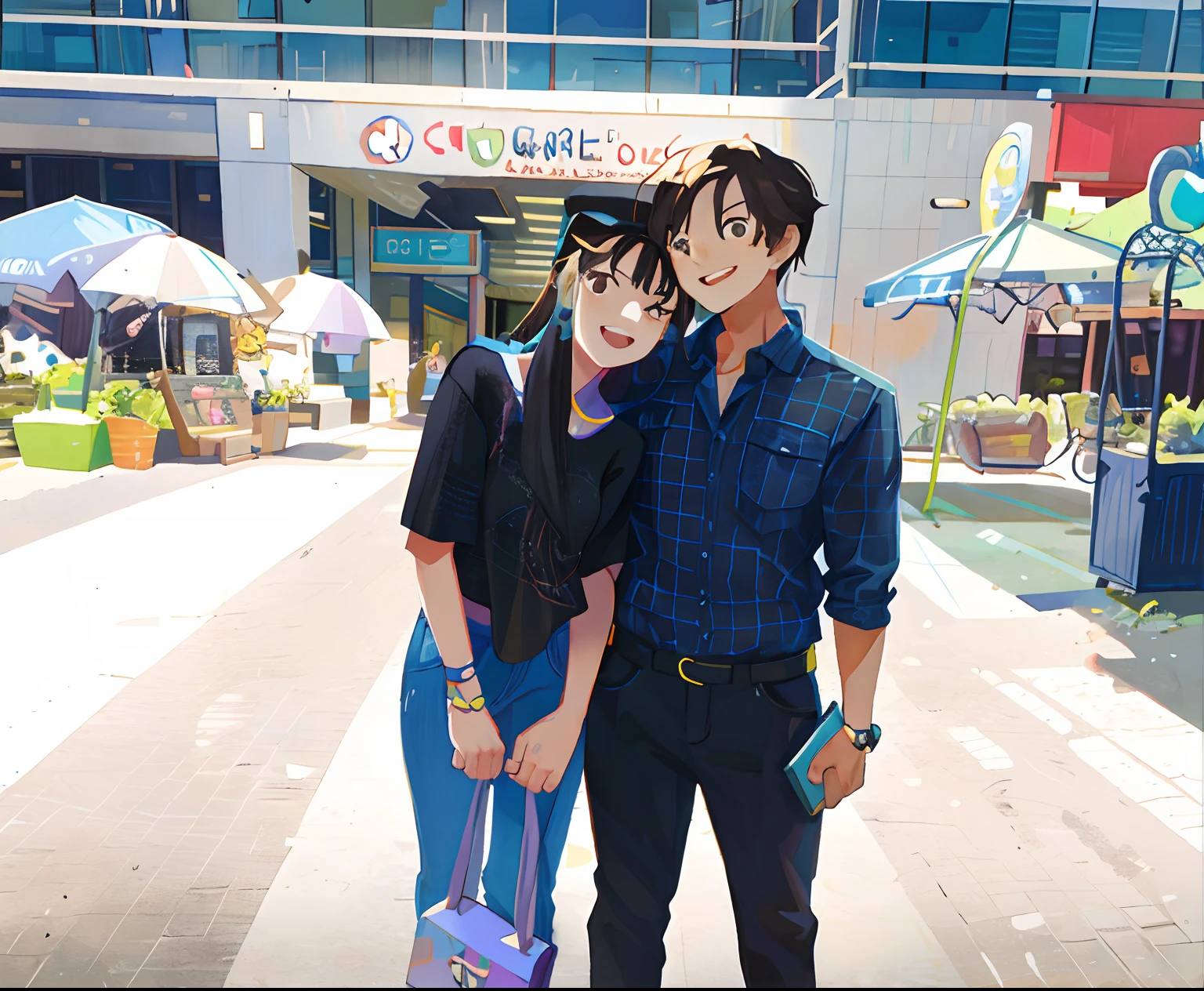 (Masterpiece), (Best quality), 1 man and 1 woman, fine facial features, couples, , height difference, happy, love, smile, casual wear, playground, rides, lots of balloons, bright colors