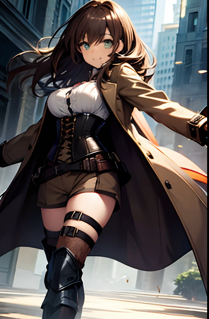 green eyes, brown hair, smile, confident, shoulder length hair, great sword, breasts, black corset, coat, brown short pants, black armored boots,