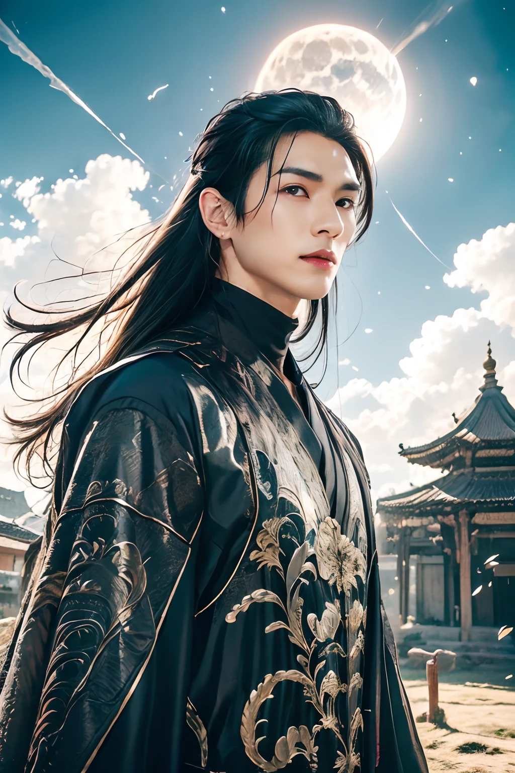 A 21-year-old Asian man,Thick eyebrows,二重まぶた,Melon seed face,Handsome face,Men's full body ,A transparent streamer is tied to the body and flutters in the wind,The background is an ancient Chinese town,Time is night。Deep blue sky,A full moon,Lots of black lanterns,Pavilions and arch bridges,His skin is fair,He is slender, The limbs have pronounced muscle lines,high-definition photography,Real-world scenarios,Lots of detail, wearing black long coat, black long pants, black turtleneck shirt, lightning, magic, messy long hair, battle pose, warrior