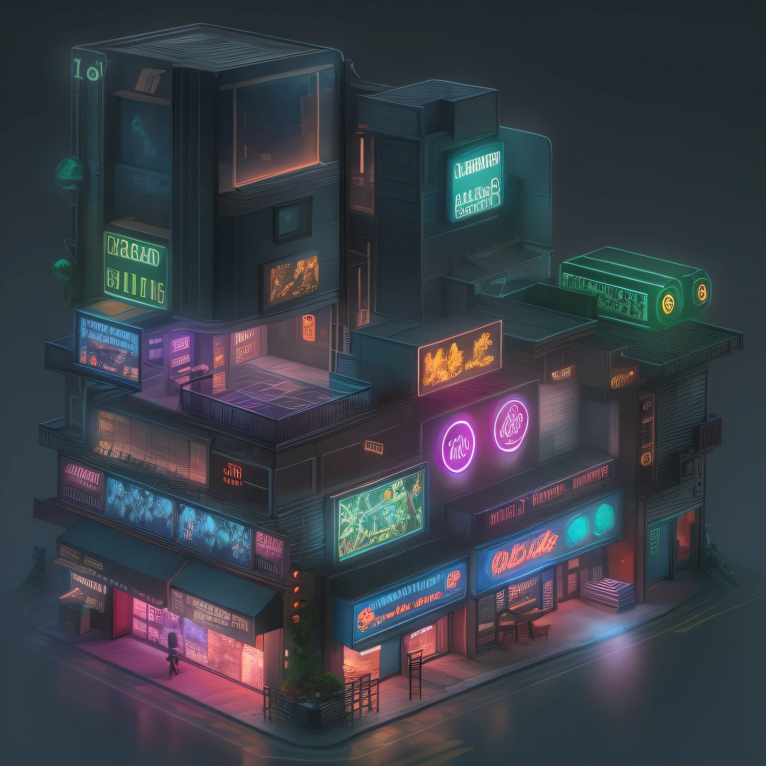 Isoscale、Overlooking 45 degrees、SLG Game Building、single building、KTV Nightclub、greybackground、concept-art、octan render、80s Neon