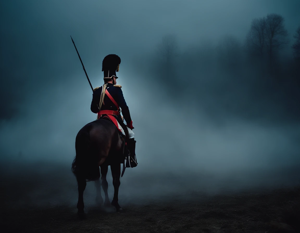 Wide shot, half body of Napoleon Bonaparte, ((looking at the camera)), holding a staff, on the battlefield, surrounded by ((soldiers)), covered by fog. Battlefield background, darkness, night, fog, mist, gothic, photorealistic light, 35mm, motion blur,