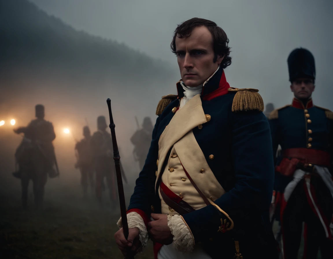 Wide shot, half body of Napoleon Bonaparte, ((looking at the camera)), holding a staff, on the battlefield, surrounded by ((soldiers)), covered by fog. Battlefield background, darkness, night, fog, mist, gothic, photorealistic light, 35mm, motion blur,