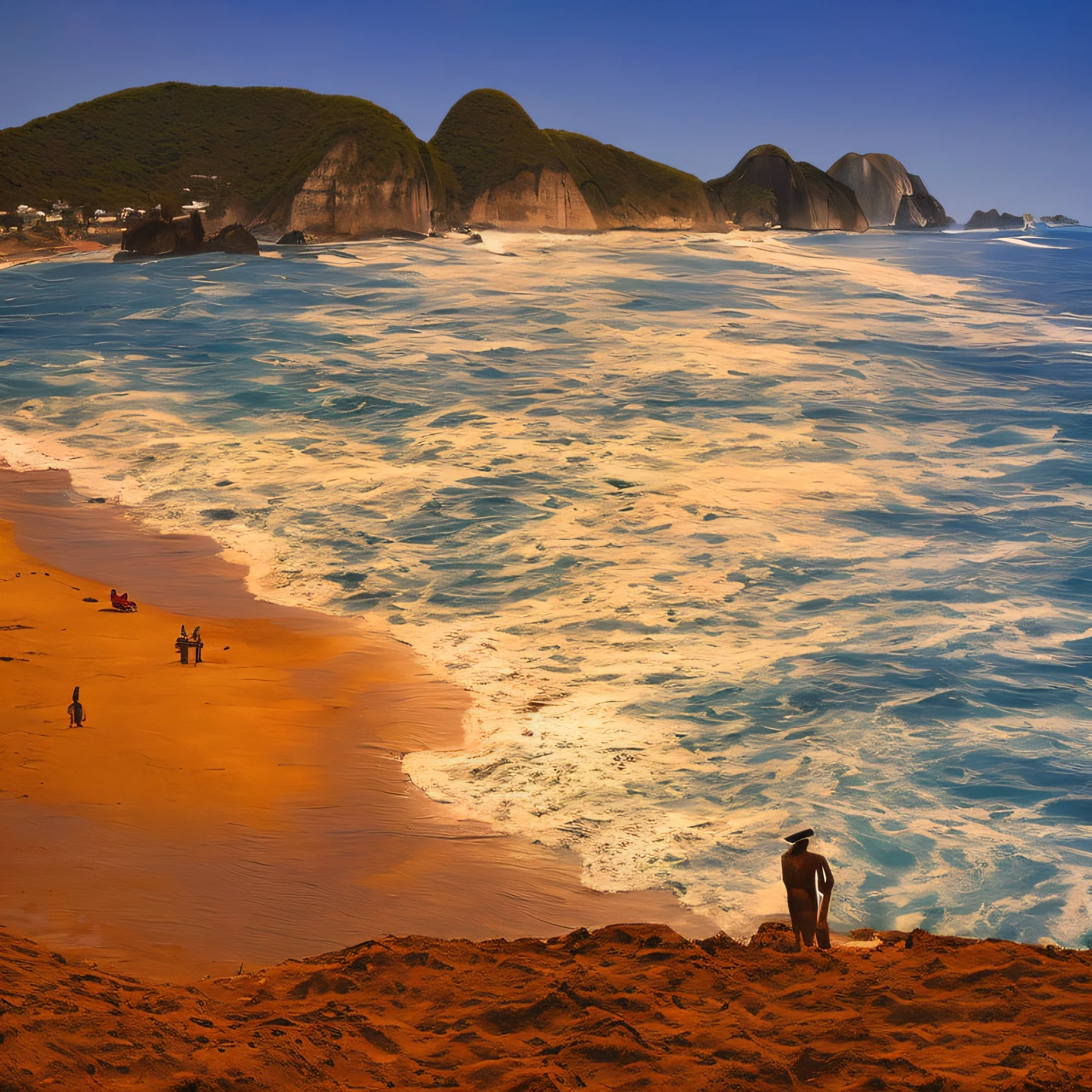 Album cover of an alternative rock band with influences from Brazilian music, Chame "Brânquia". The name of the album is "venha como onda". On the cover of this album we see a landscape with ocean waves crashing against a large rock illuminated by the sunset. A espuma se espalha pelo ar, Shimmering between the blue and pink sky of the sunset. The place is empty, apenas o mar e a rocha. There are some surreal elements amid the beach.