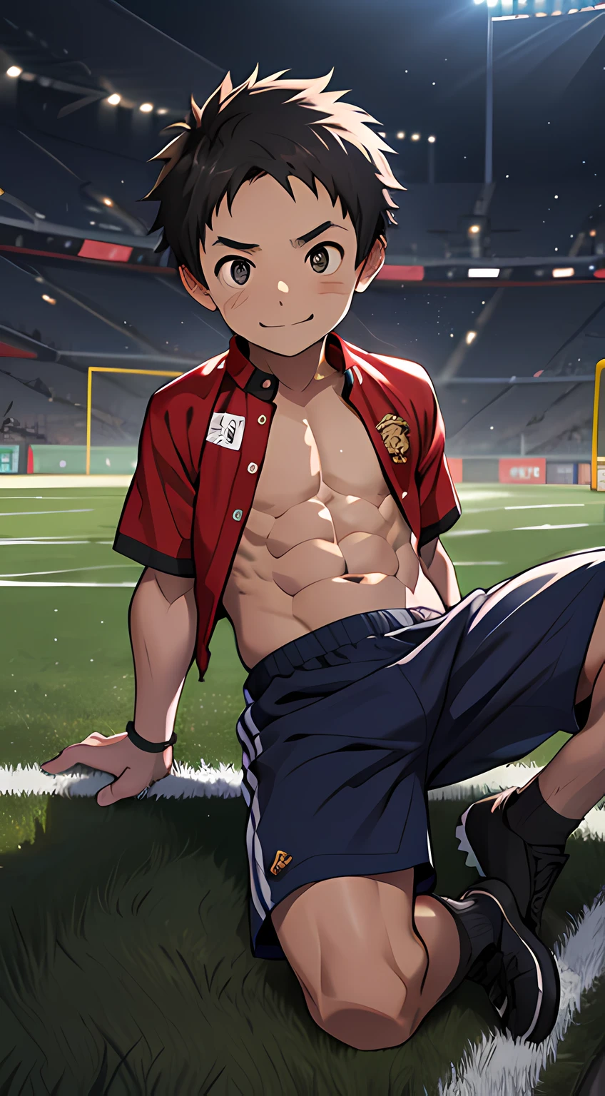 (masutepiece, Best quality),1boys,(e boy,Childs face),a baby face,infance,Take off your shirt on the football field,infancy,Young age,Short round face,Flat chin,Fine face in detail,musculous，short-hair,Radiant eyes,opens his eyes wide,with an intricate,full body Esbian,nakeness,Abs, pectorals,vivd colour,(depth of fields:1.2),(Abs),Look next door,Full body portrait of a smiley face