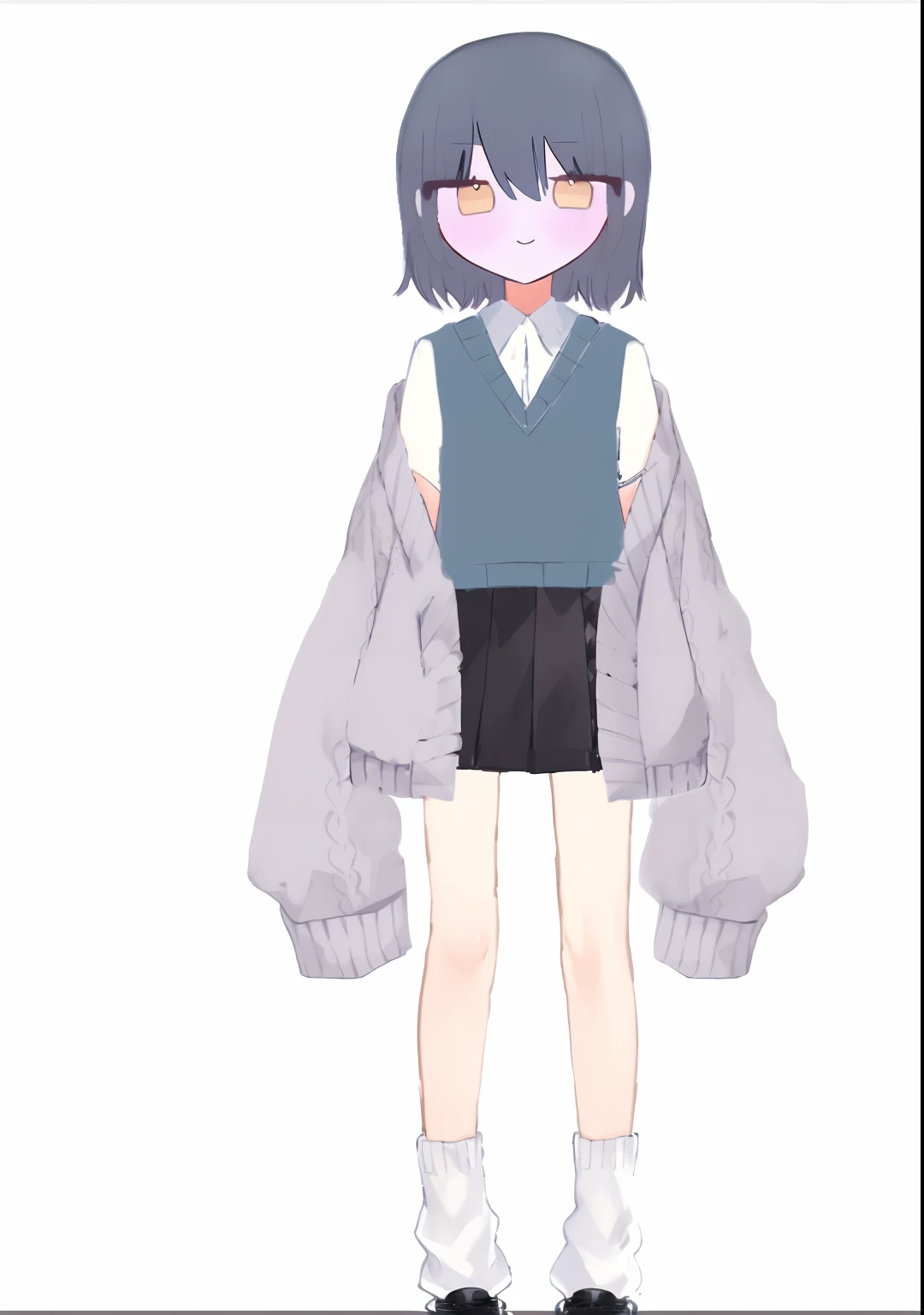 (best quality,highres),anime-style character,anime-inspired artwork,full-body illustration,one character wearing a blue sweater,black skirt,white shirt,flawless clothing,expressive body language,cute and vibrant illustration style,short-length full-body portrait!