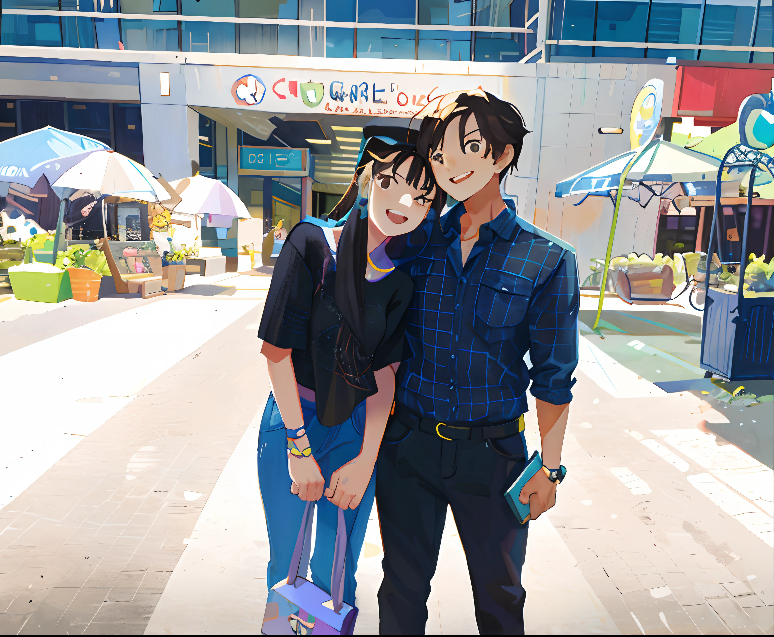 (Masterpiece), (Best quality), 1 man and 1 woman, fine facial features, couples, , height difference, happy, love, smile, casual wear, playground, rides, lots of balloons, bright colors