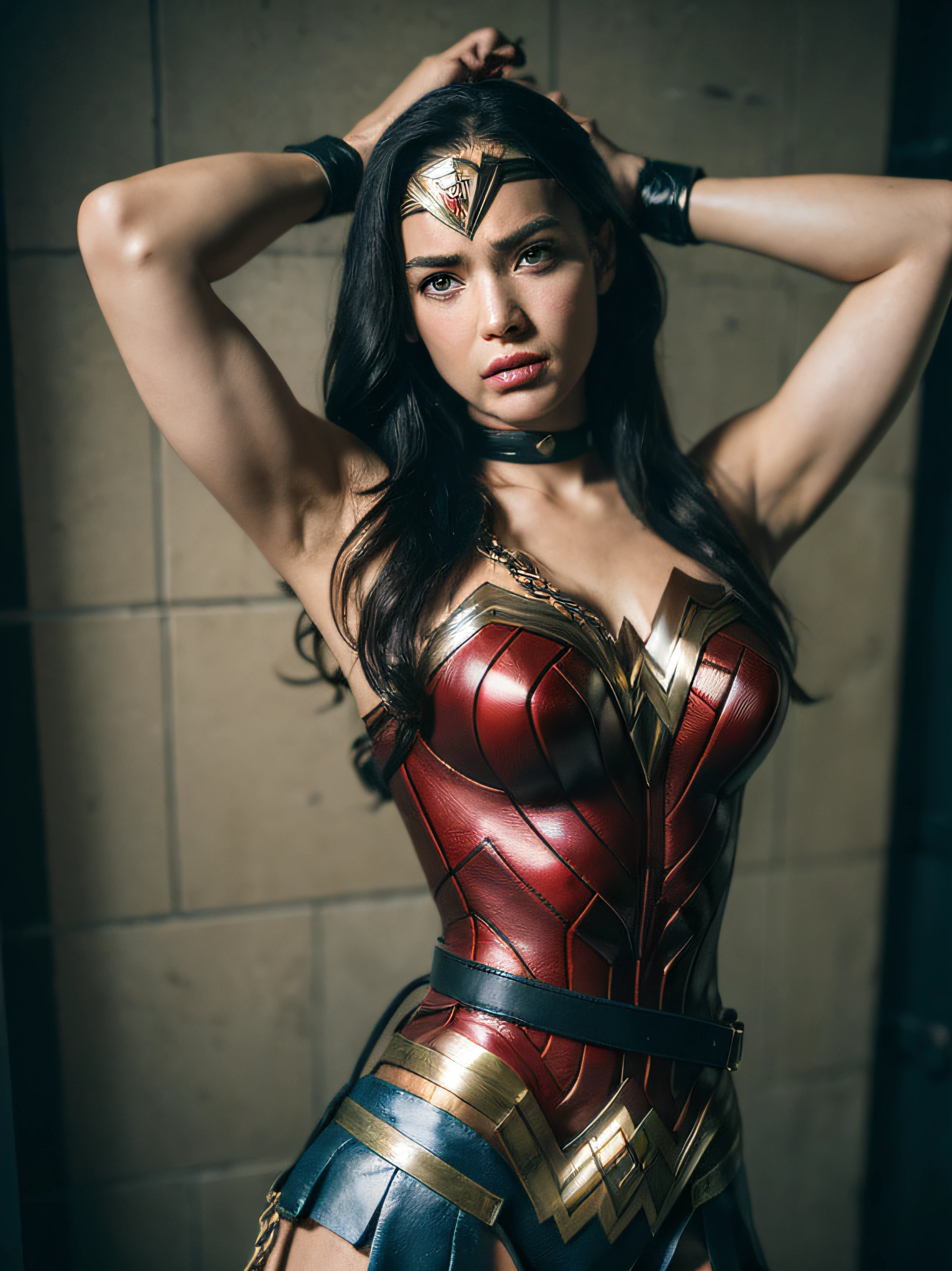 Wonder Woman being tied up with chains. She should be depicted as struggling, but ultimately unable to escape. The chains should be wrapped around her limbs and body, restricting her movement. Her hands may be above her head, and she should have an expression of defiance and determination despite being trapped. The tone of the image should be dark and dramatic