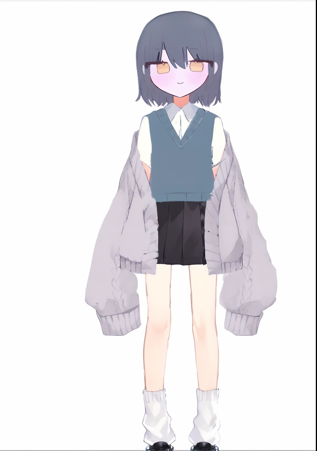 (best quality,highres),anime-style character,anime-inspired artwork,full-body illustration,one character wearing a blue sweater,black skirt,white shirt,flawless clothing,expressive body language,cute and vibrant illustration style,short-length full-body portrait!