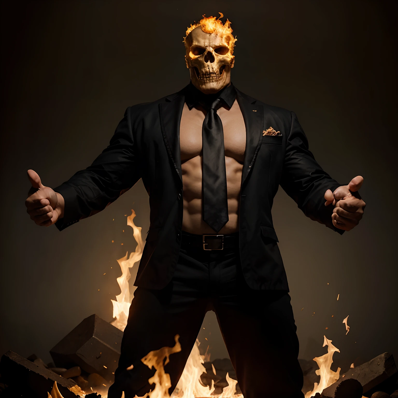 Ghost rider , muscled with huge pecs , hugge torso , huge arms , with a skull head like  with fire , in suit with a tie ans spikes