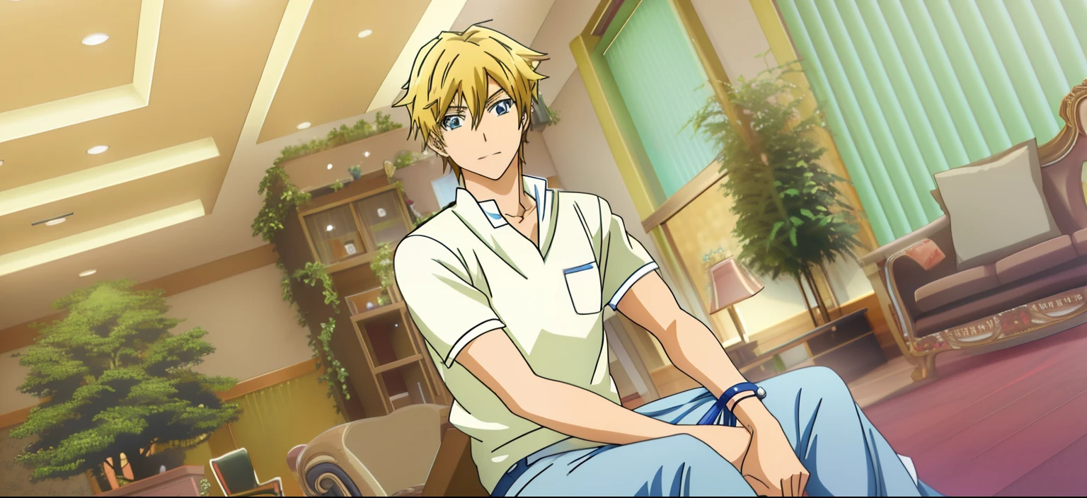 anime - style image of a man sitting on a chair in a living room, blonde - haired anime boy, young anime man, handsome anime pose, anime handsome man, tall anime guy with blue eyes, anime portrait of a handsome man, hajime yatate, smileing nright, rin, kentaro miura art style