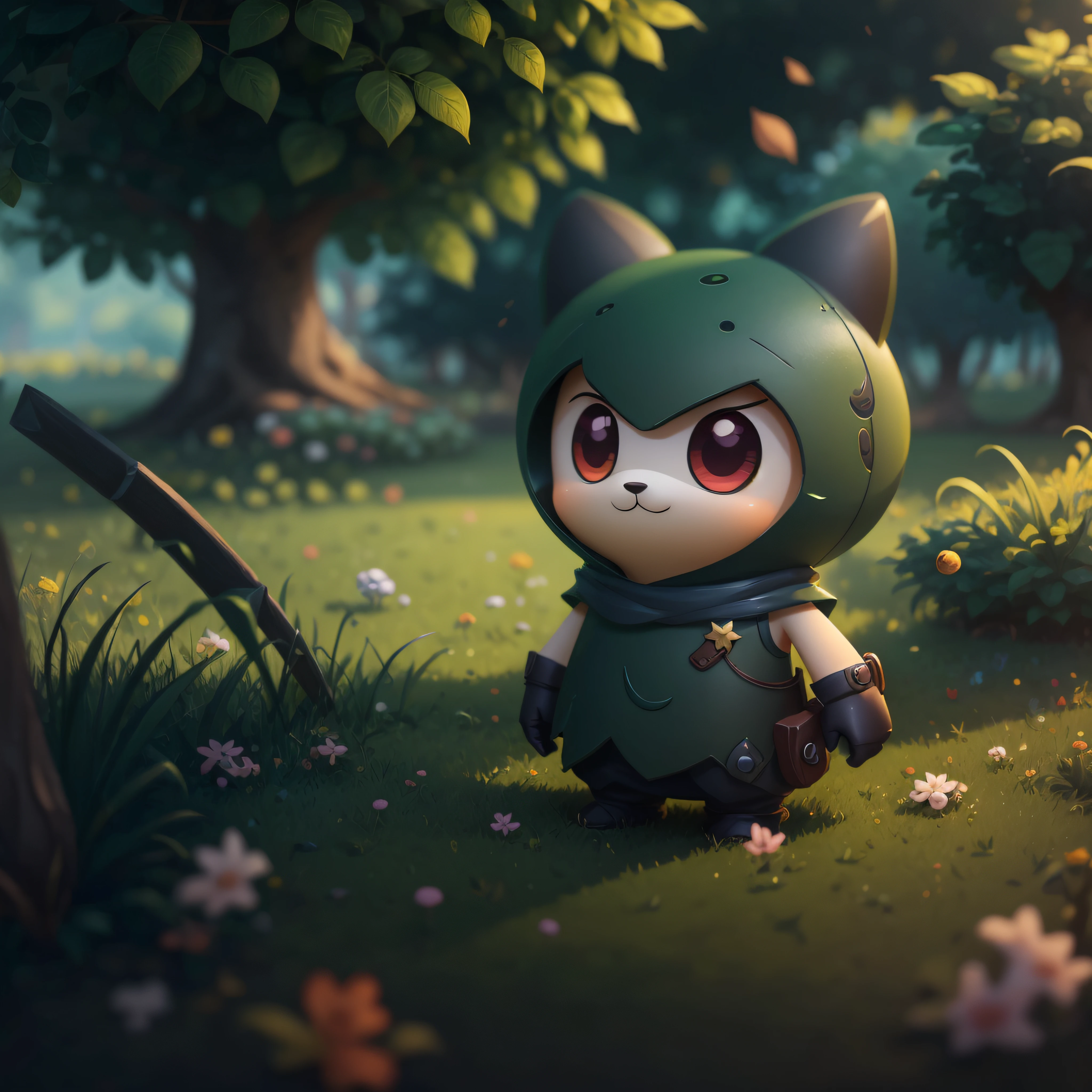 mysterious character, deformed, cute, 3d, background lawn, mascot, simple --auto --s2