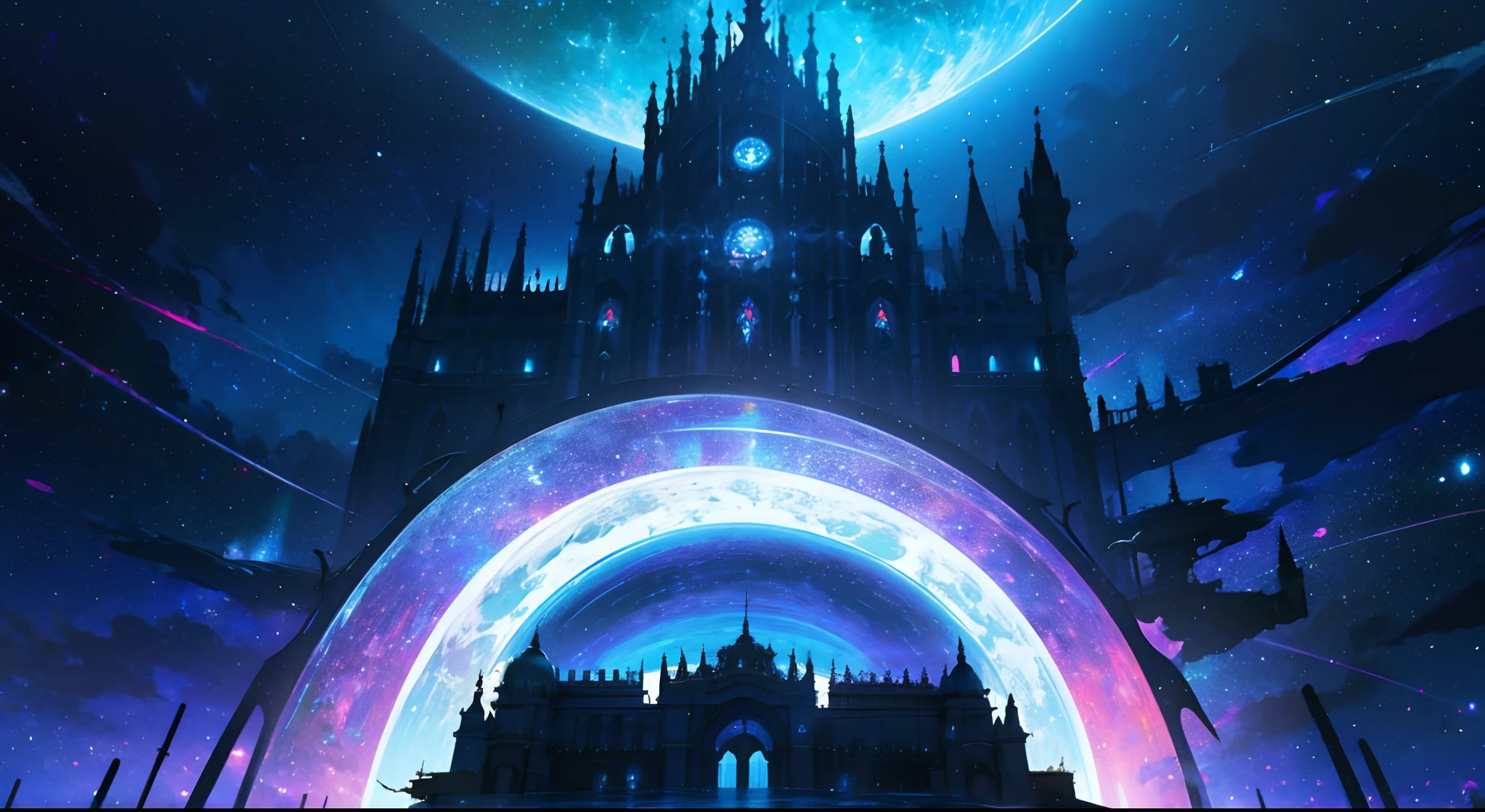 Galactic Palace,Arquitectura extraterrestre,Estructura majestuosa,advanced technology,Viajes interestelares,futuristic design,flotando sobre un paisaje celestial,Decoraciones ornamentadas,Luces brillantes,Grandes techos abovedados,Pilares imponentes,Gran entrada,Alien Symbols,Gleaming metal surfaces,Colorful Holographic Displays,Quirky gardens with alien flora,Fuentes exquisitas,Impresionantes vistas de galaxias lejanas,Heavenly music filling the air,Extraterrestrial species peacefully coexisting,Ceremonias y reuniones elaboradas,Humans marveling at the wonders of the universe,Colores vibrantes que reflejan la diversidad del cosmos,Dramatic lighting that casts surreal shadows,majestuosos candelabros que iluminan los grandes salones,Futuristic technology perfectly integrated into the palace,An otherworldly masterpiece that stands as a symbol of advanced civilization.
