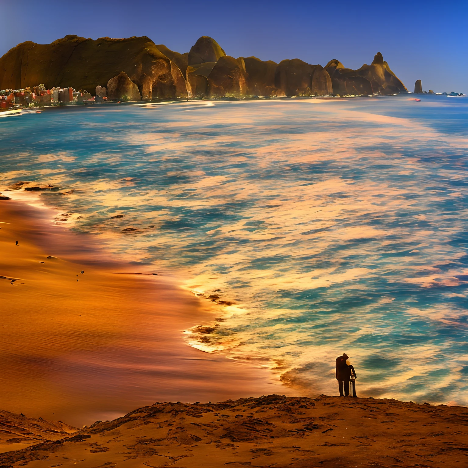 Album cover of an alternative rock band with influences from Brazilian music, Chame "Brânquia". The name of the album is "venha como onda". On the cover of this album we see a landscape with ocean waves crashing against a large rock illuminated by the sunset. A espuma se espalha pelo ar, Shimmering between the blue and pink sky of the sunset. The place is empty, apenas o mar e a rocha. There are some surreal elements amidst the beach.