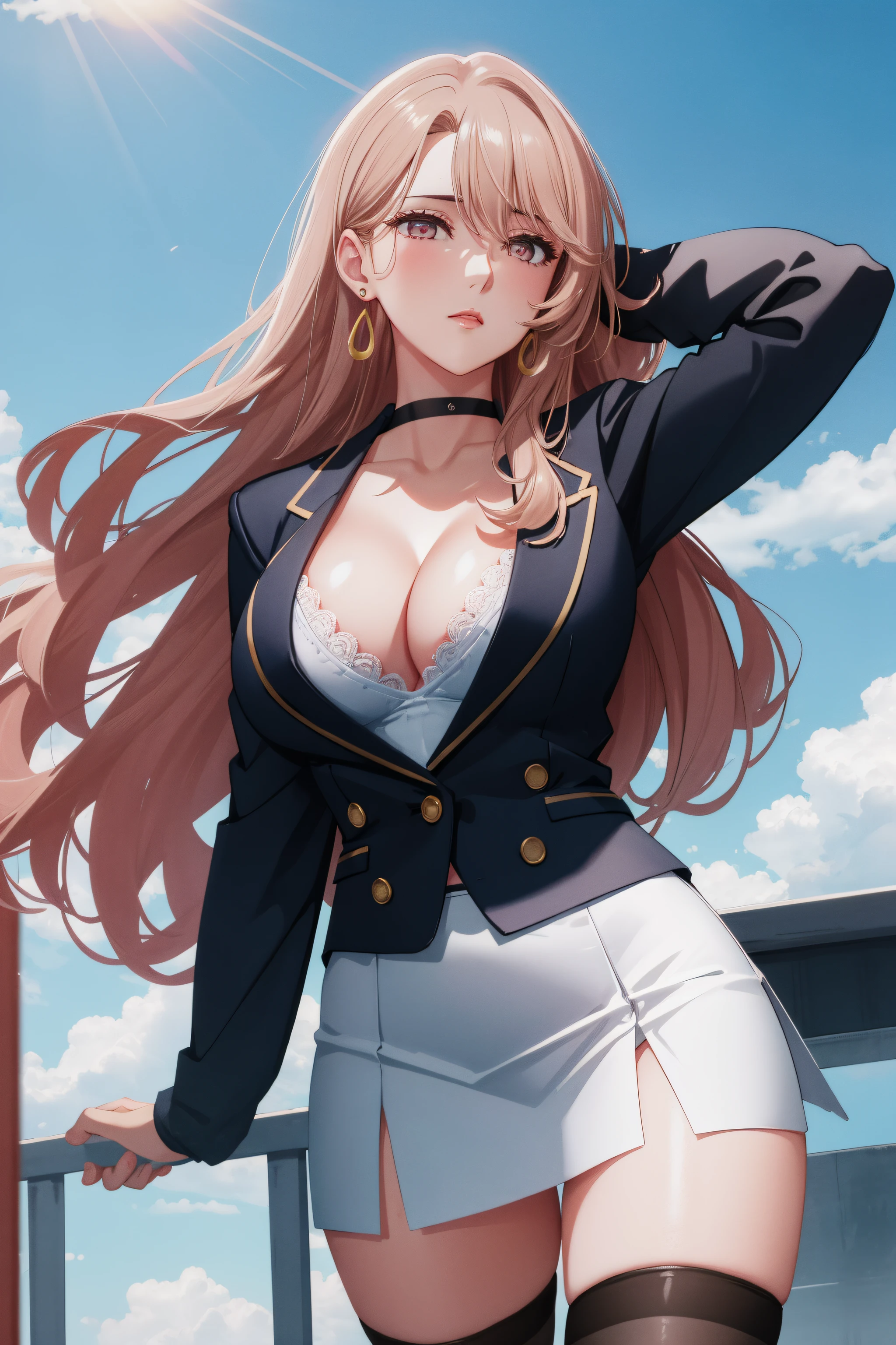 (day:1.7), sky background,a blue sky and clouds,
standing at attention,armpits,arm up,
wearing (business outfit:1.2), blazer, shirt, cleavage, underwear, tight skirt, black choker, earrings, (stockings:1.25),(Closed_clothes),
aamiyako, long hair, jewelry, earrings,
1 girl, 20yo,mature female,Beautiful Finger,Beautiful long legs,Beautiful body,Beautiful Nose,Beautiful character design, perfect eyes, perfect face,
looking at viewer,(light_smile:0.3),
NSFW,official art,extremely detailed CG unity 8k wallpaper, perfect lighting,Colorful, Bright_Front_face_Lighting,
(masterpiece:1.0),(best_quality:1.0), ultra high res,4K,ultra-detailed,
photography, 8K, HDR, highres, absurdres:1.2, Kodak portra 400, film grain, blurry background, bokeh:1.2, lens flare, (vibrant_color:1.2)
(Beautiful,medium_Breasts:1.4), (beautiful_face:1.5),(narrow_waist),(perfect hands, perfect anatomy),