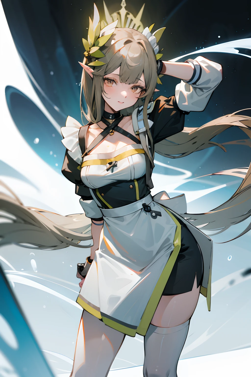 Bright colors,illumination,A girl stands in the lab,looking toward the viewer,White knee-length stockings,mature,sexy for,the maid outfit,maidennurse,Maid sleeves,cropped shoulders