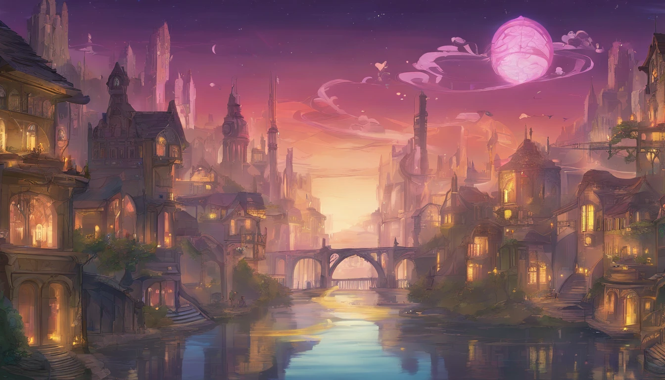 City of light magic, cloaked in perpetual twilight. The streets are white brick stone, and the building are an elegant white marble with colorful stained glass windows. The streets are lit with floating orbs of magic. There are small rivers and waterfalls running through the city, as well as shrubs and willow trees.