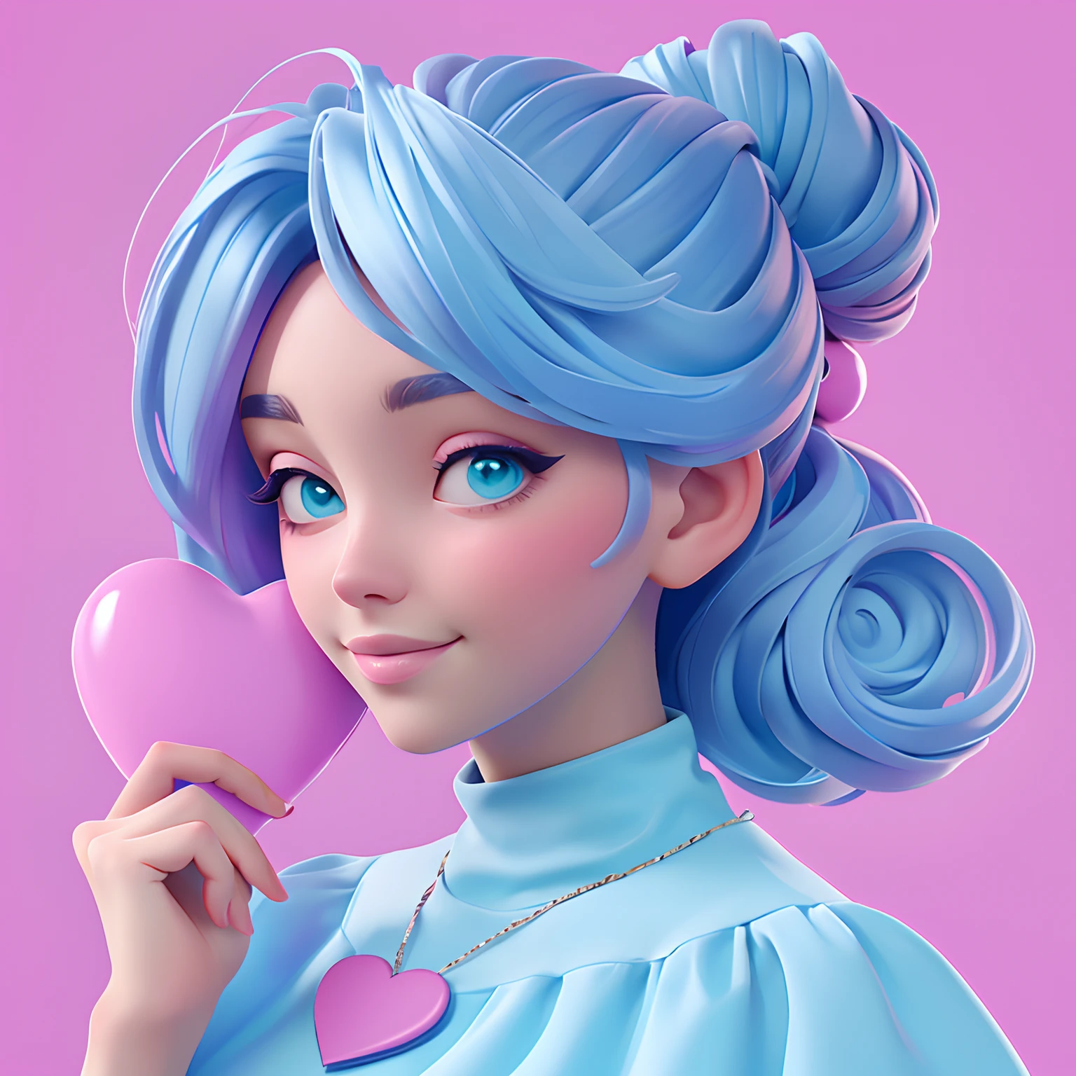 A woman holds a colorful heart-shaped balloon. Your hair is stuck in a messy bun. The background is filled with a pastel shade of light blue, evoking a sense of lightness and happiness.