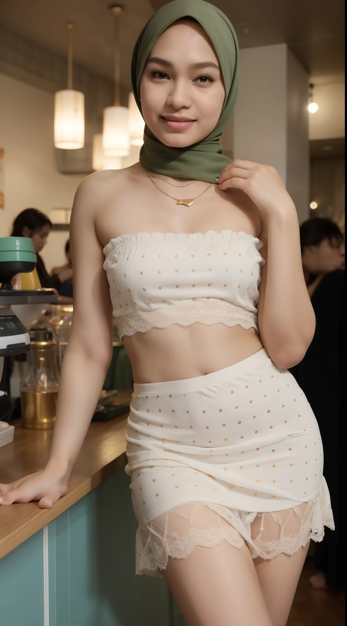 Malay girl with pastel color hijab standing and pose in hipster cafe, happy, smiling, nighttime, wearing turquoise polka dot Bust Slip Romper, pleated short skirt, pink sneakers, professional lighting, blur background, cool ambient, bokeh, small breast, small waist, small head, short petite body, wide hips, thick thighs, long leg, thick leg,sexy pose, bright lighting, mole below eyes, skin spots, acnes, skin blemishes, age spot, detail skin texture, skin detail, skin wrinkle detail, dark brown skin, gold necklace,