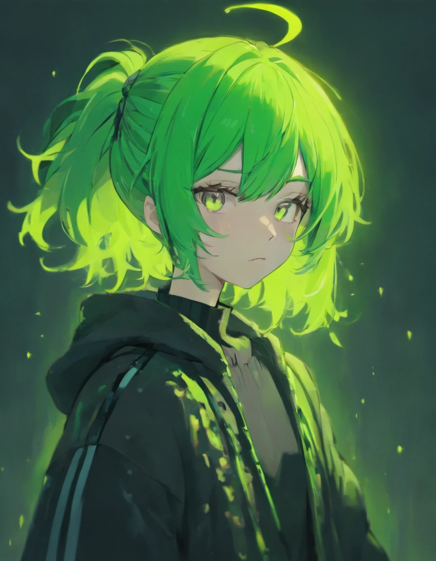 Guy neon green hair, A stern look, in a black and white sweater, grey skin, neon green eyes, antennas, Alien, talking to themself