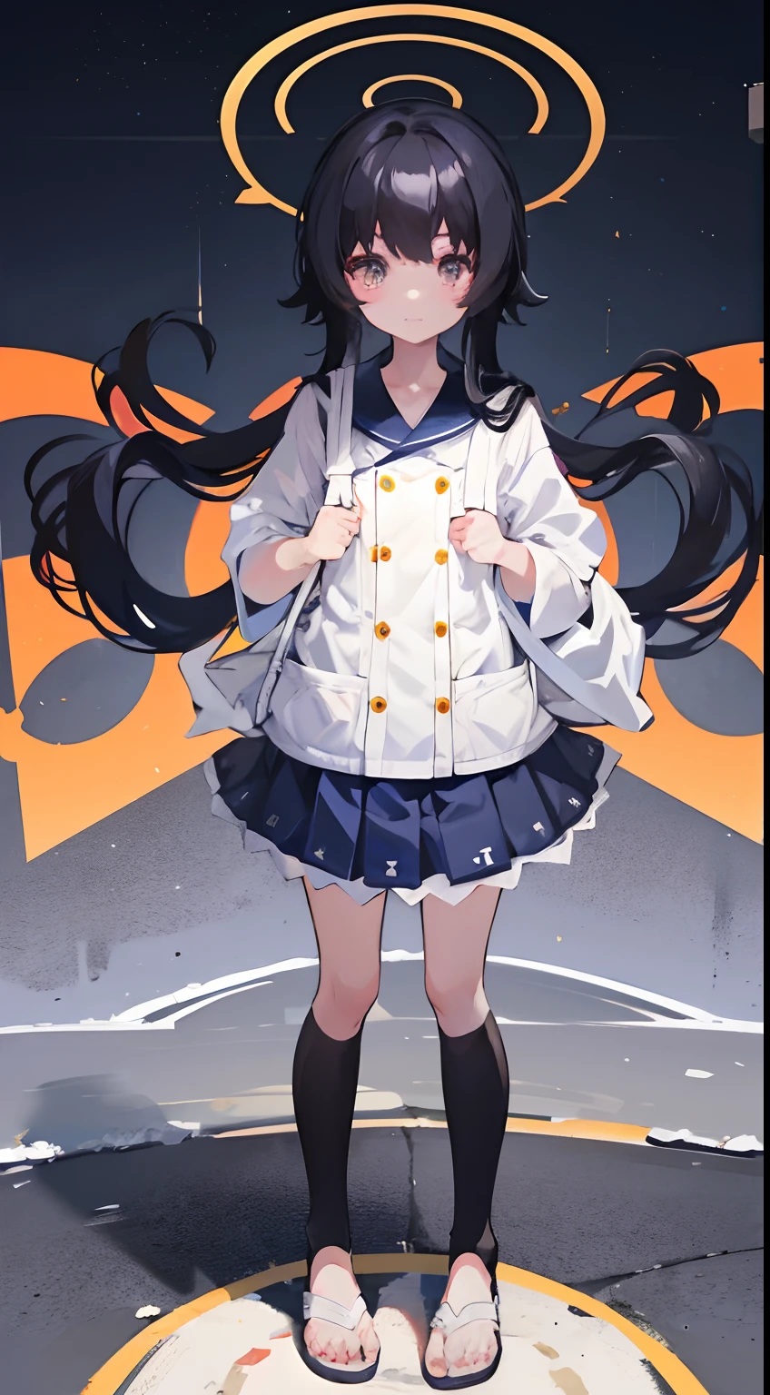 full body, anime girl, wearing Indonesian uniform, wide shot, long shot, cute, black hair, long hair, ahego hair , surprised face, clench both hands into fists,