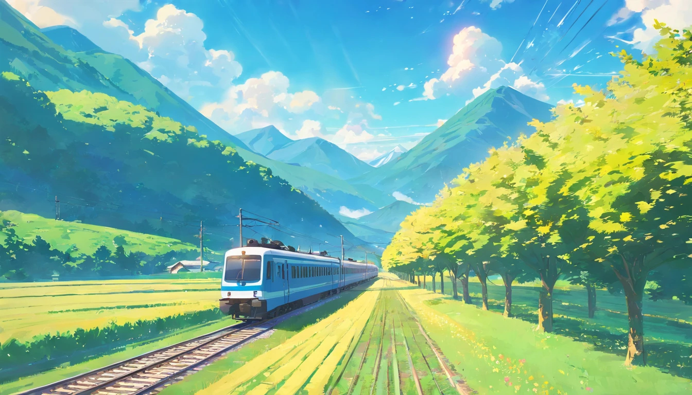 a train passing through a field and mountains in background, sunny day, anime style, digital art, aesthetic, relaxing