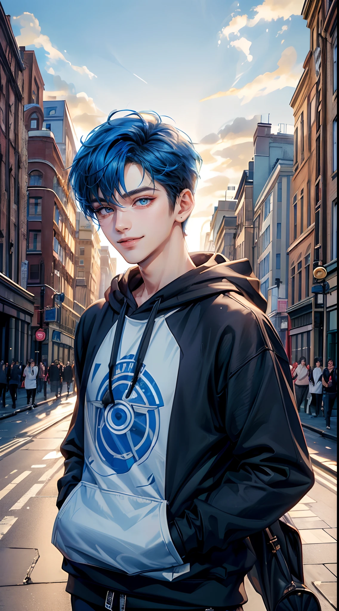 ((4K works))、masterpiece、(top-quality)、One Beautiful Boy、Slim body、tall、((Attractive street style in black hoodie))、(Detailed beautiful eyes)、Fantastic British cities、Daytime city、((Walking through a city in the UK))、((Daytime bright sky))、((Cities in United Kingdom))、((Shot in UK cities))、mid night、((Short-haired bright blue hair))、((Smaller face))、((White eyes))、((American adult male))、((Adult male 26 years old))、((Cool Men))、((Like a celebrity))、((Smile showing teeth and smiling))、((Korean Makeup))、((elongated and sharp eyes))、((boyish))、((Upper body photography))、((Happy dating))、Professional Photos、((Shot alone))、((Shot diagonally from the side))、((Shot in close proximity to him))、((He is walking next to the viewer))、((Focus zoom in))