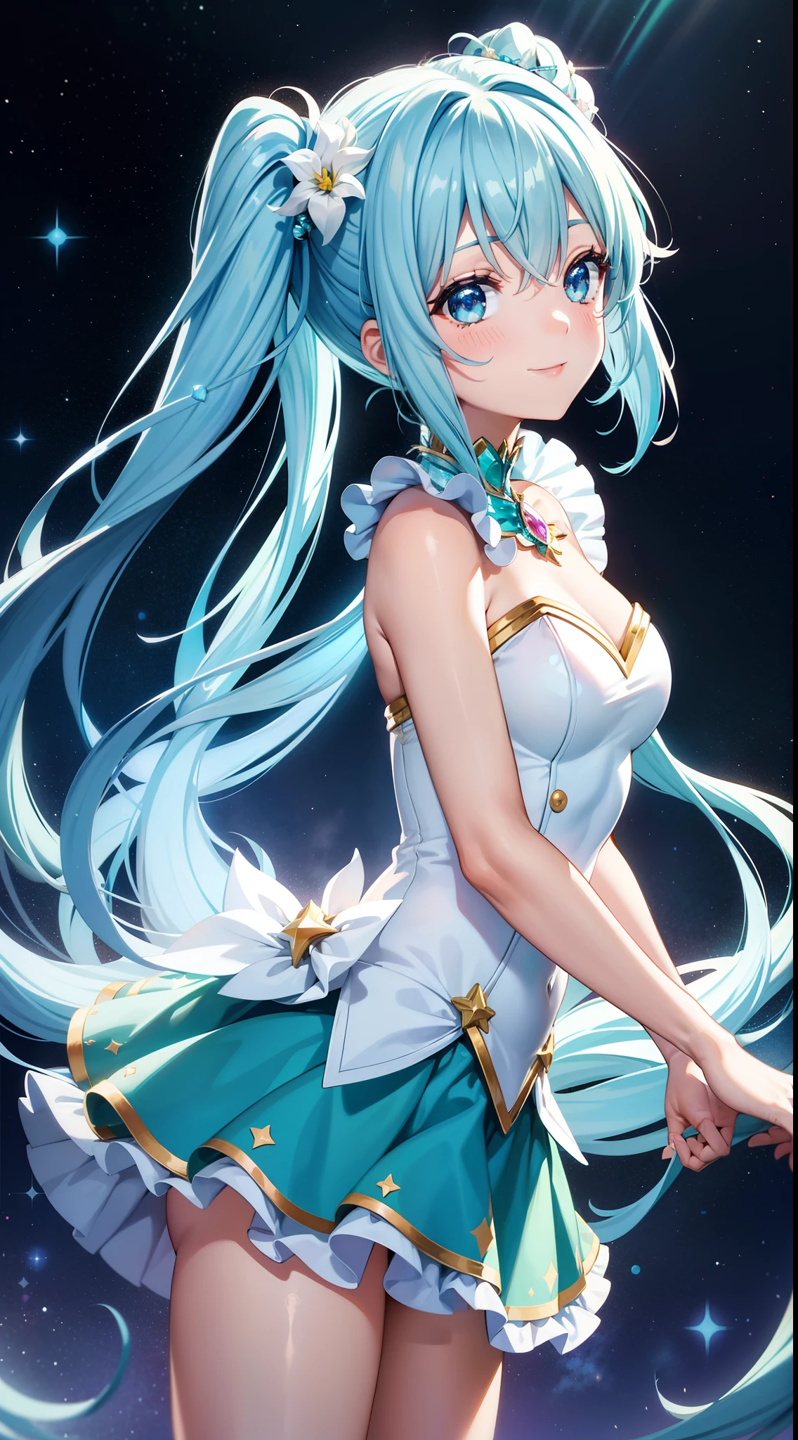 Super Idol a beauty girl A charming smile sky blue hair length hair Facing straight ahead Twin-tailed Glittering pink and white、Blue and yellow leotard costume Mystical Fantasia constellation a moon Crystal Brilliance Aurora Borealis in the Night Sky