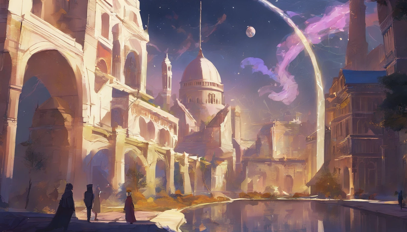 City of light magic, cloaked in a night sky. The streets are white stone, and the building are an elegant white marble with colorful stained glass windows. The streets are lit with floating orbs of magic. There are small rivers and waterfalls running through the city, as well as shrubs and willow trees.