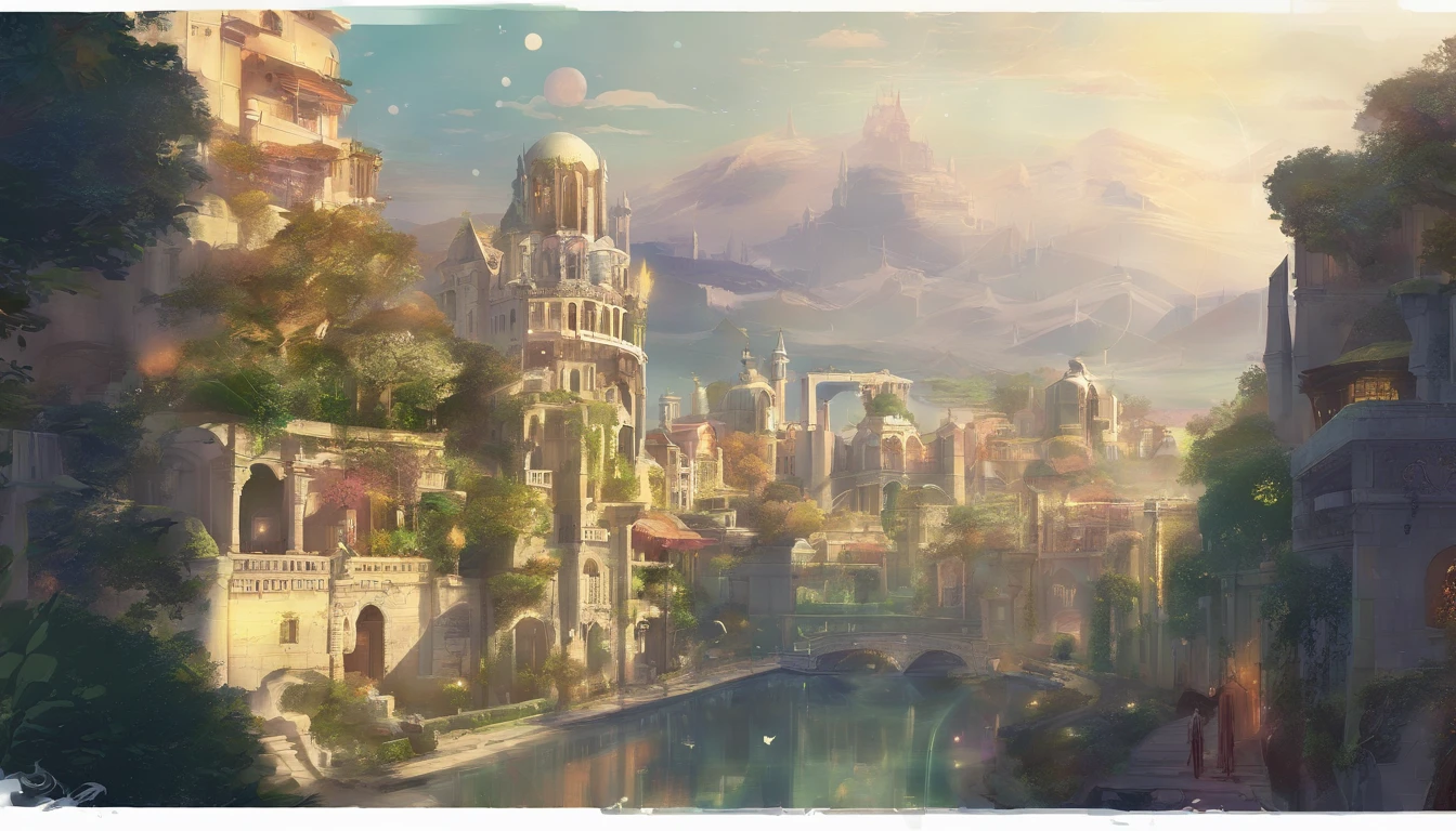 City of light magic, cloaked in a night sky. The streets are white stone, and the building are an elegant white marble with colorful stained glass windows. The streets are lit with floating orbs of magic. There are small rivers and waterfalls running through the city, as well as shrubs and willow trees.