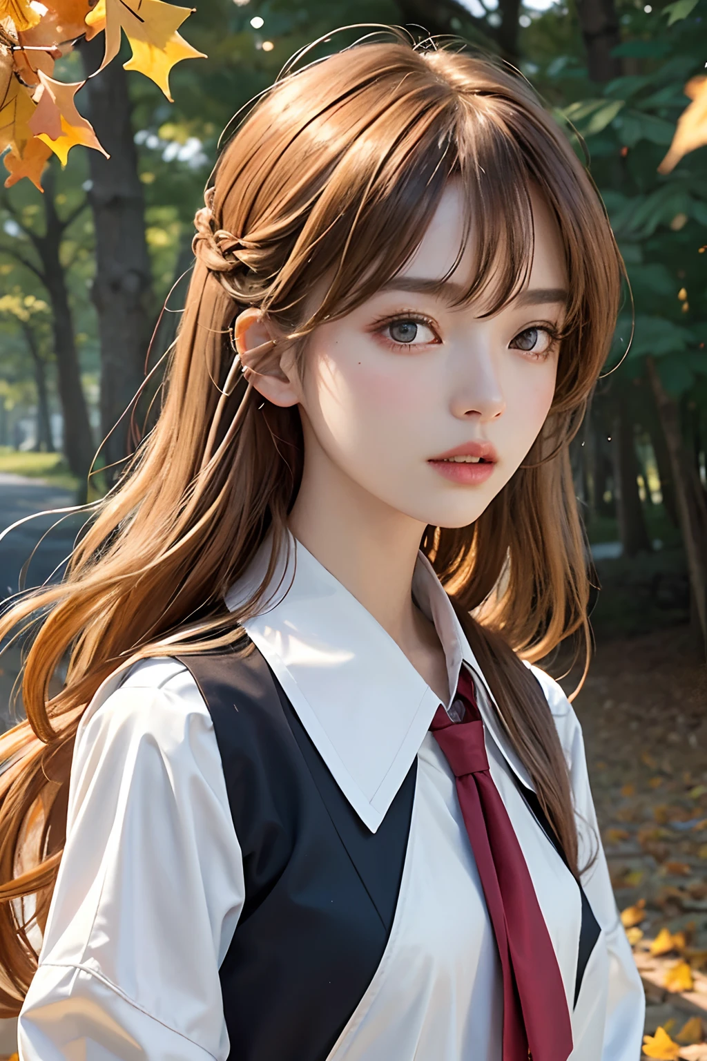 Official Art, Unity 8k Wallpapers, ultra-detailliert, Beautifully Aesthetic, ​masterpiece, top-quality, realisitic, a closeup, Skindentation, Soouryuu Asuka Langley, Interface headset, bodysuit under clothes, A detailed eye, A detailed face, Detailed hair, black backgrounds, straight-on, looking at the viewers, The sheen, Anime, looking at viewer with a cigarette in her mouth, highly detailed with reflections transparent iridescent opaque jacket, Long transparent iridescent RGB hair, 1girl in, Solo, fronds, School uniform, serafuku, Long hair, red neckerchief, Blurry, Sailor collar, neckerchief, Blonde hair, Shirt, Autumn leaves, Parted lips, Outdoors, Floating hair, Long sleeves, White shirt, Bangs, Upper body, red necktie, Open mouth, neck tie, tusk, Brown eyes, Wind, Autumn, Maple leaf, Falling leaves, Blurry background, day, ginkgo leaf, depth of fields, bug,