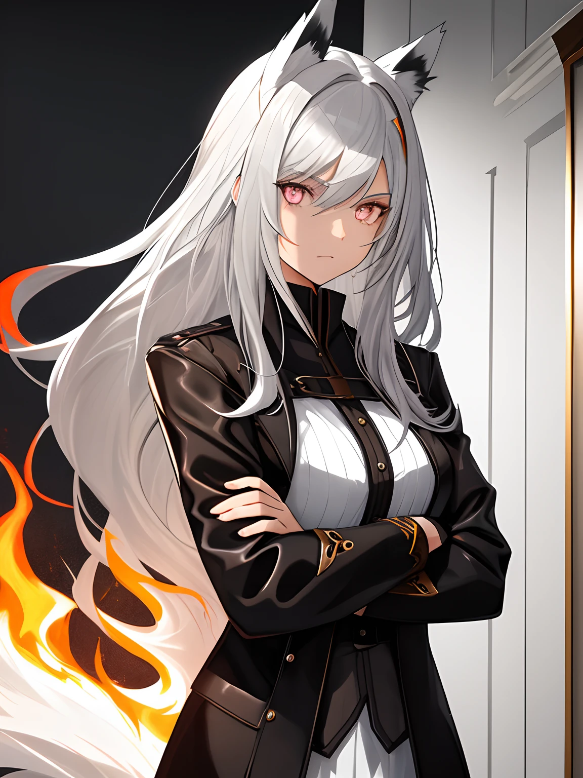 (flat color:0.9),(color:1.1),(master piece:1,2), best quality, master piece, high definition, Original, very detailed wallpaper, viewer's view,,, girl, long straight hair, silver hair, scar on the arm, silver eyes, leather guild clothes, her nickname is silver fox , fire Powers , crossed arms