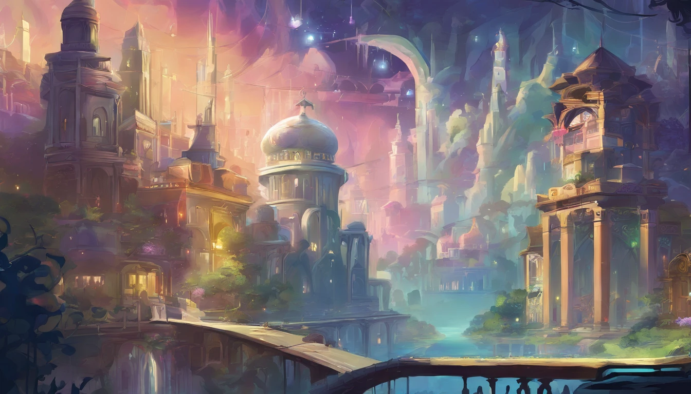 City of white magic under a night sky. The streets are white stone, and the building are an elegant white marble with colorful stained glass windows. The streets are lit with floating orbs of magic. There are small rivers and waterfalls running through the city, as well as shrubs and willow trees.