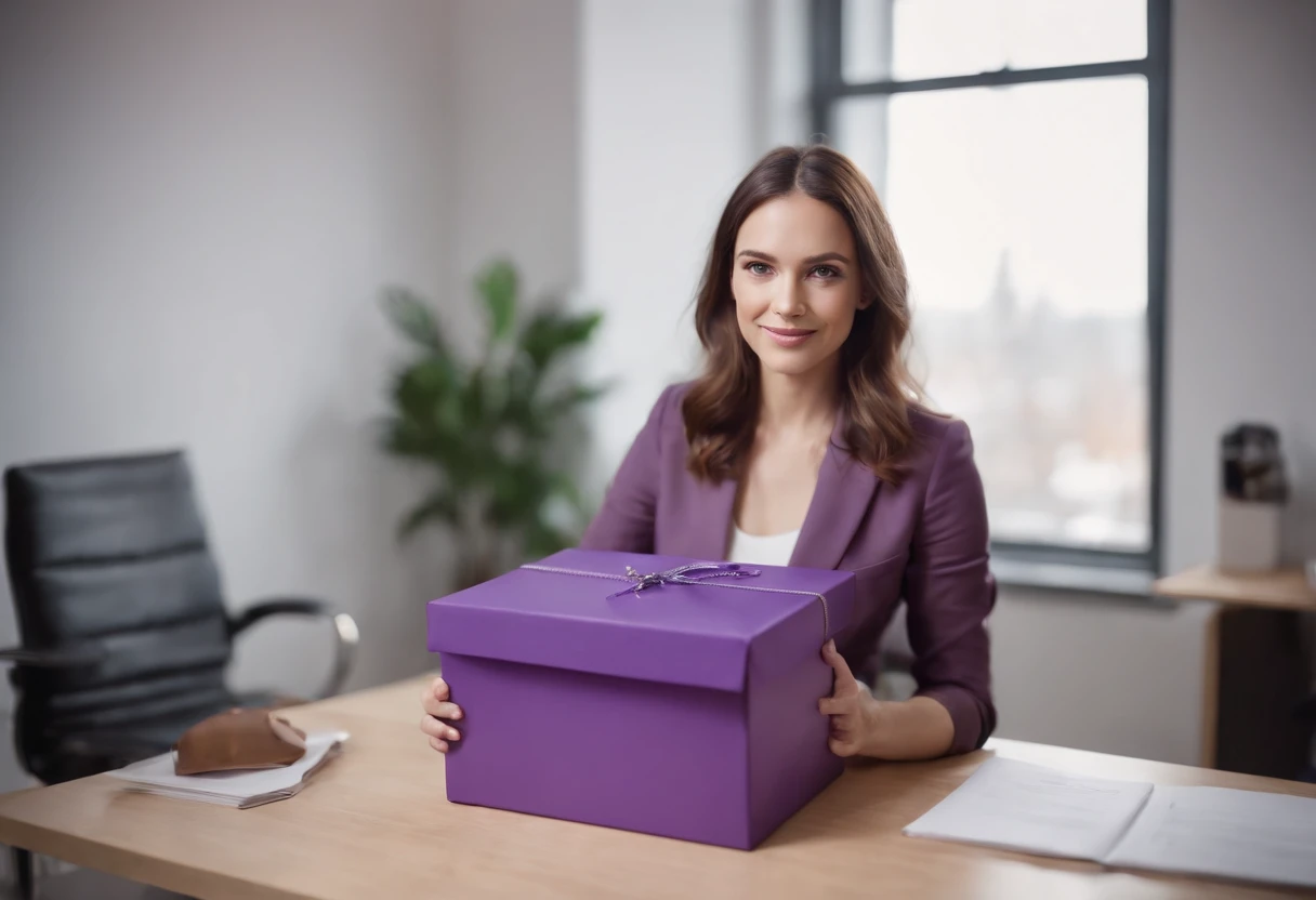 (highres:1.2), a 30-year-old psychologist holding a large open magic purple box with toys coming out and flying around her office