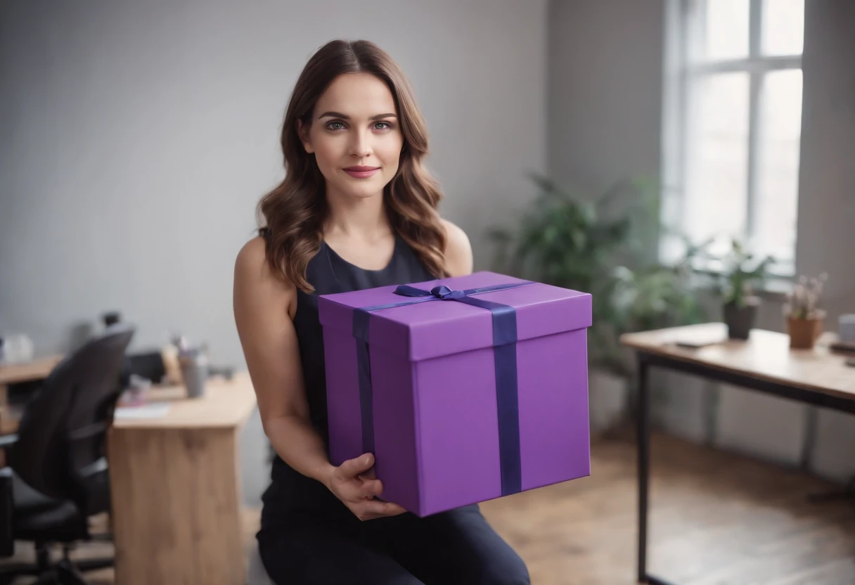 (highres:1.2), a 30-year-old psychologist holding a large open magic purple box with toys coming out and flying around her office