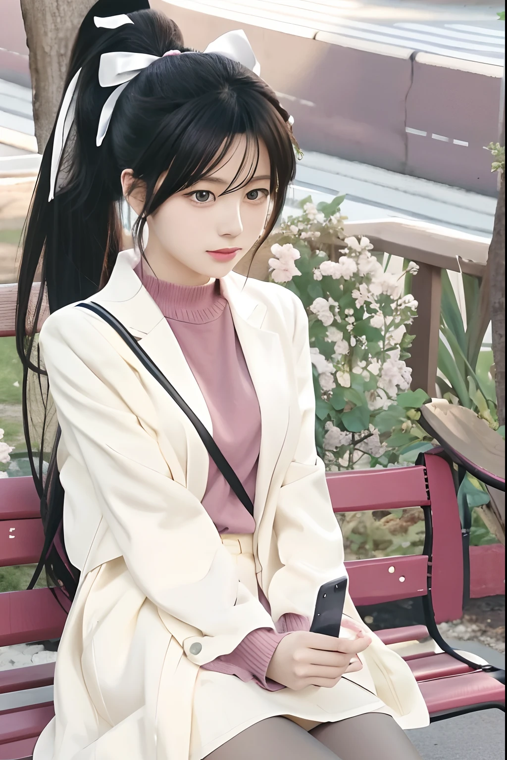 anime girl sitting on a bench with a cell phone in her hand, anime visual of a cute girl, anime visual of a young woman, love live superstar, anime still, anime portrait of ren hazuki, ren hazuki, black hair, ponytail with white ribbon