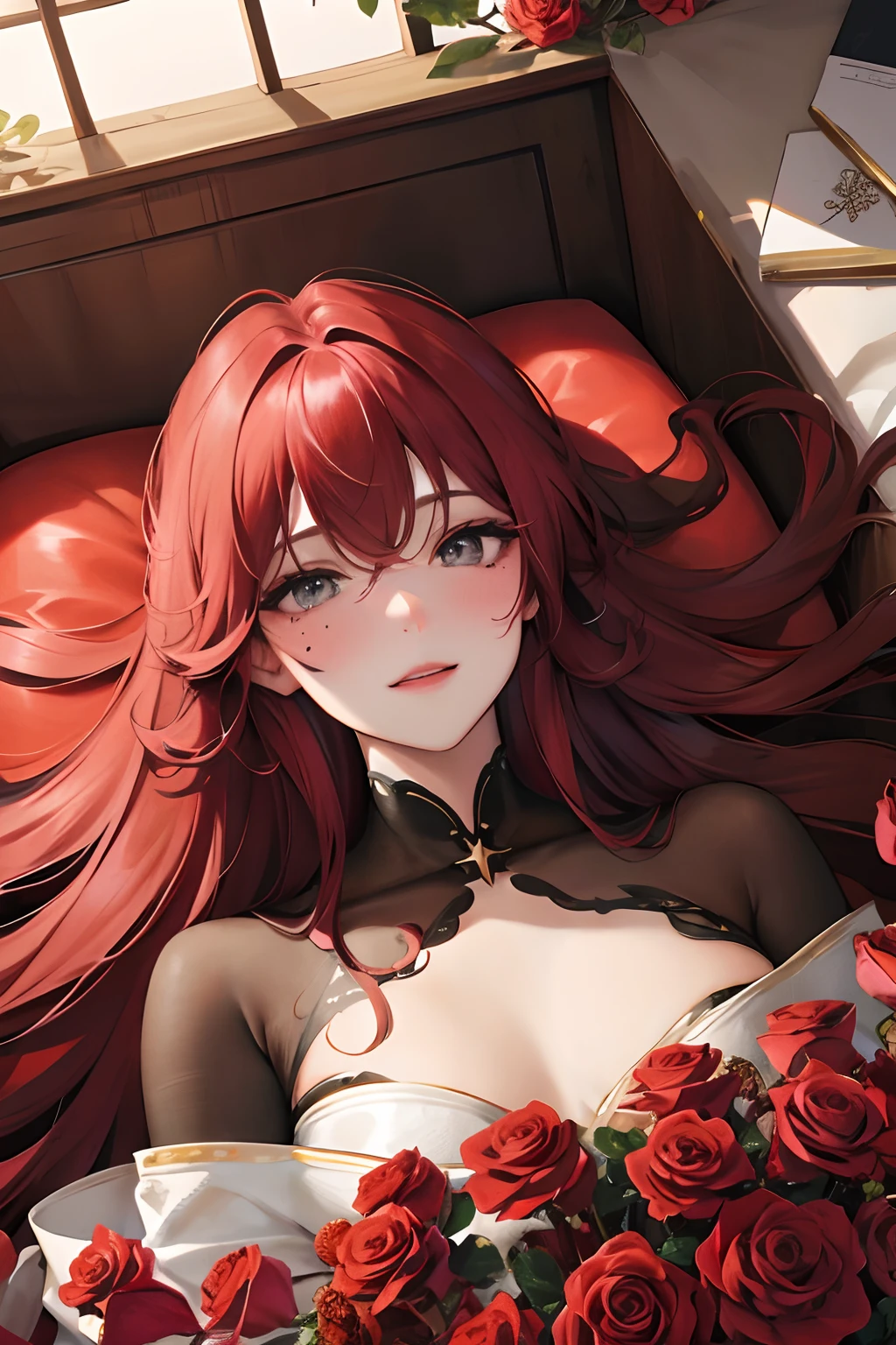 Red long hair, Grey eyes, indoor room,Lying on a bed of roses, from above, splendid, wealthy, blush, Smile, Tolerable, Masterpiece, Best Quality, high resolucion;,detail enhancement,best qualtiy,perfect image quality,Chest Presented, nipplestits, Beautiful and sexy, One-person viewpoint, Small moles under the eyes , prety, large full breasts