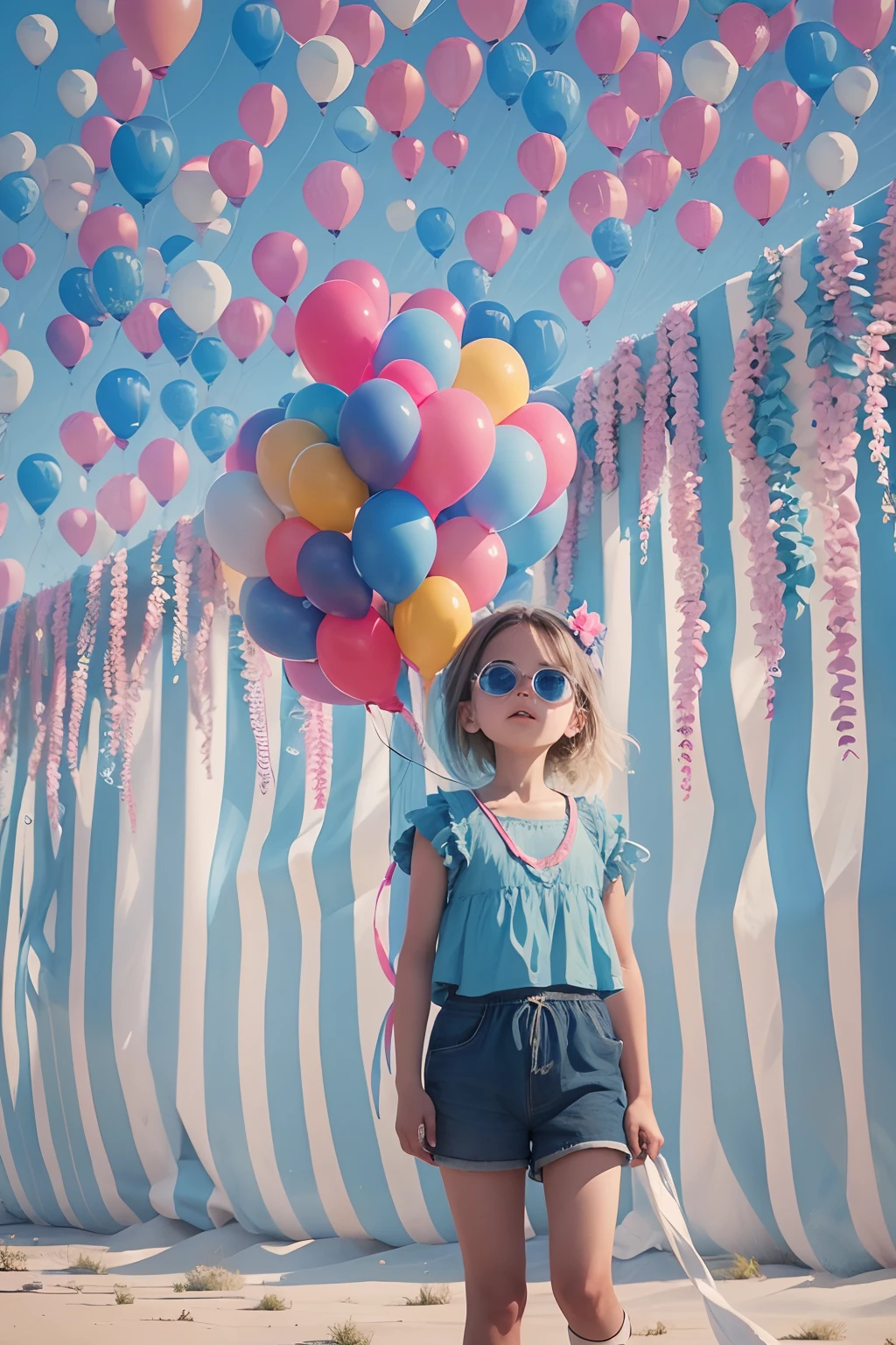 one-girl, Balloon in hand, In the background are a lot of balloons that have lifted off.blue-sky