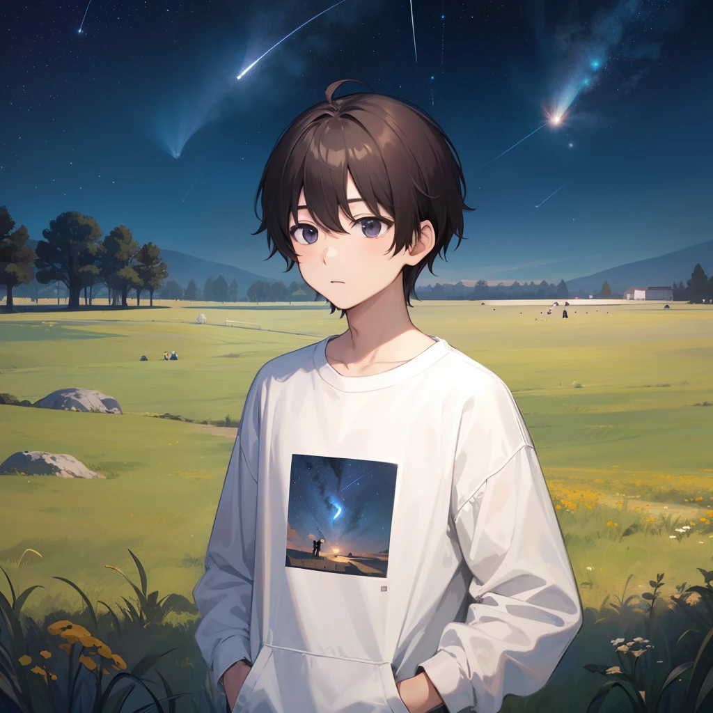 1 boy、brunette color hair、Black eyes、White sweatshirt,looking at the stars,standing in grassy field。