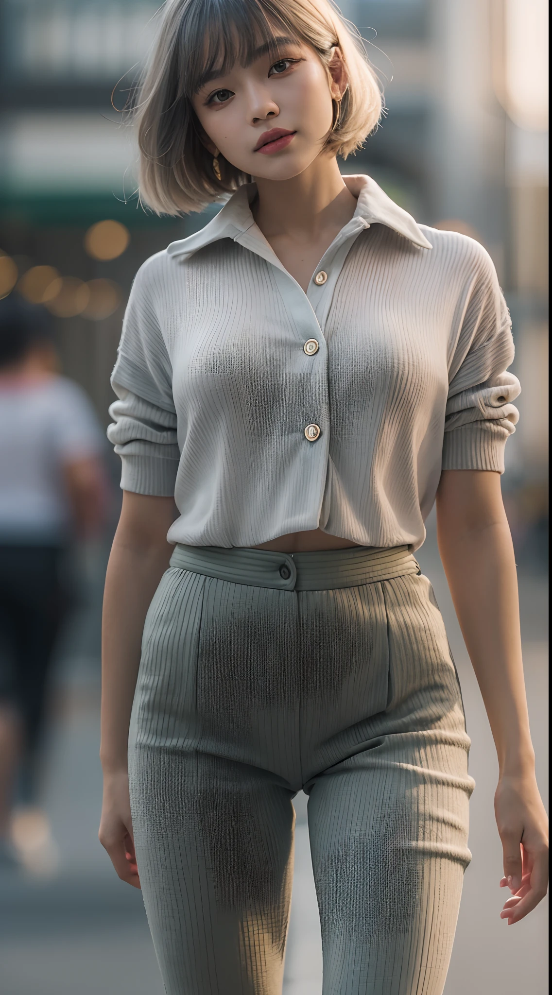 Realistic Malay girl wear Half Button Rib Knit Tee with green jacket and High Waist Plicated Detail Suit Pants, short white hair, bob haircut with bangs, walking in city street, catwalk, confident walk, carrying handbag, windy, elegance, front view, detail skin, detail skin texture, beautiful malay face, pastel color outfit, small breast, wide hip, wide waist, thick thighs, slim abs, beautiful body, evening, sunset, sun light enhance dramatic mood, arrogant smile, professional cinematic lighting, blur background, bokeh, realistic, ultra detail, high quality, 8k,
