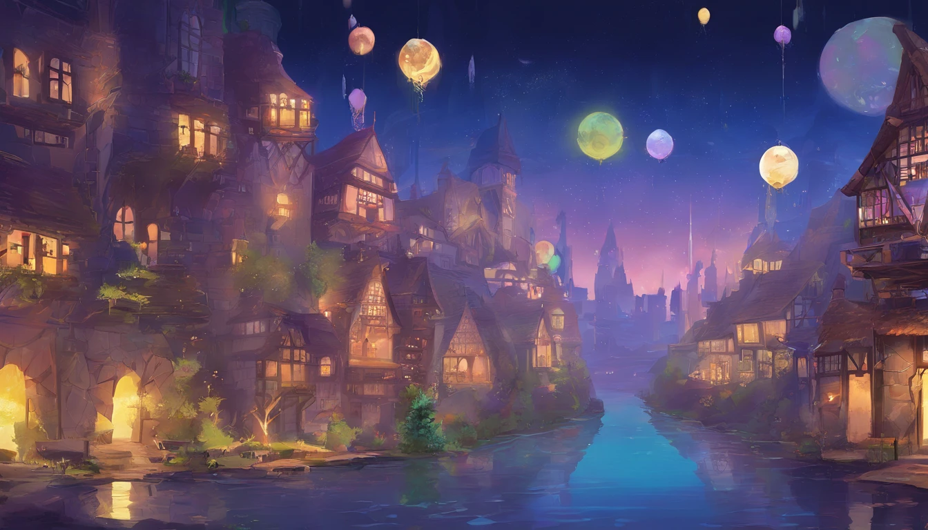 City of white magic under a night sky. The streets are white stone, and the building are an elegant white marble with colorful stained glass windows. The streets are lit with floating orbs of magic. There are small rivers and waterfalls running through the city, as well as shrubs and willow trees. Main colors: dusk blue, lavender and white.