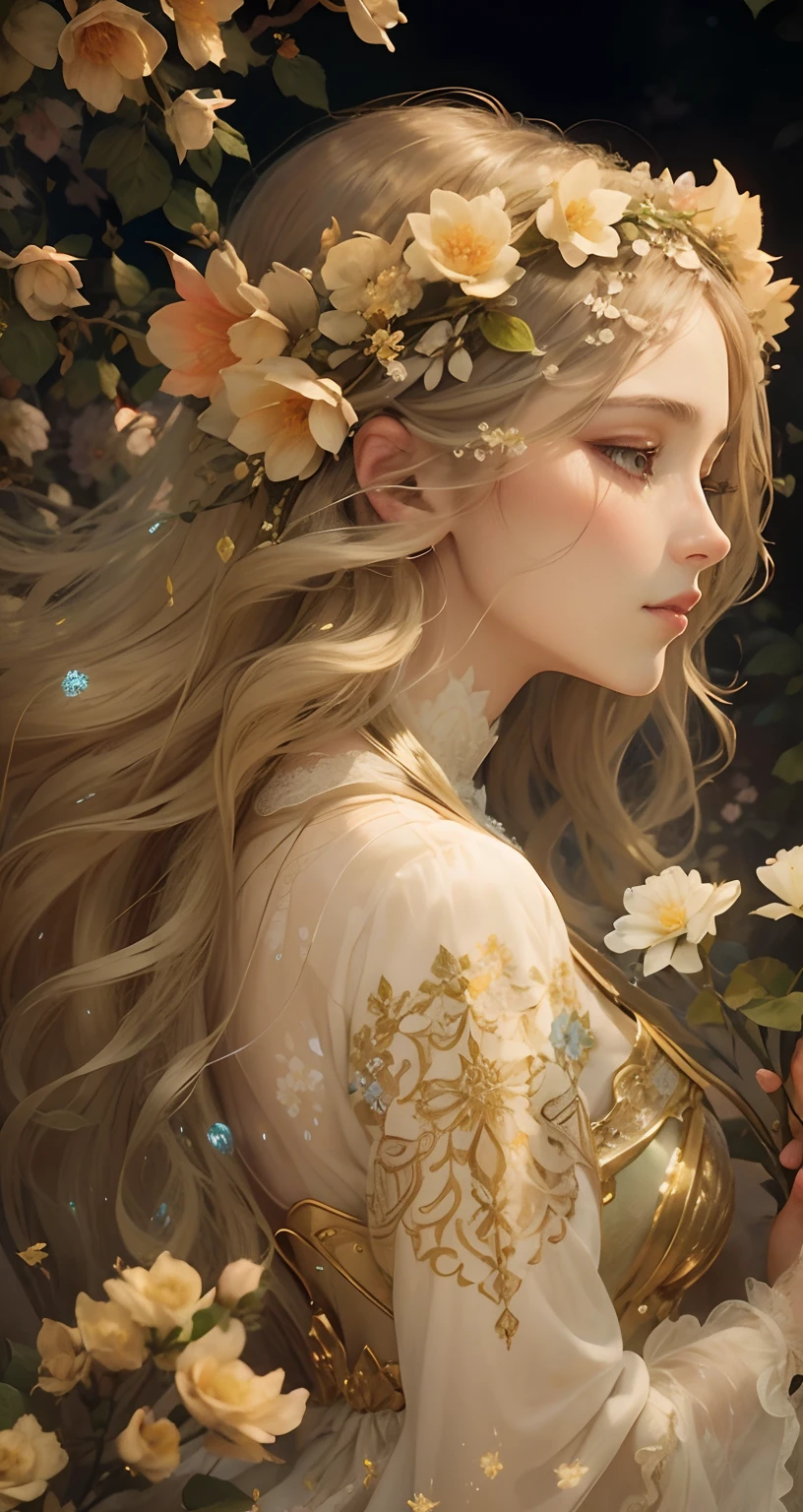high quality, 8K Ultra HD, full color, etching aquatint, fine lines and shadows, In the heart of Floral Fantasy Wonderland, behold a captivating and ethereal spirit of a beautiful maiden, gracefully adorned with the essence of blooming flowers. Her golden long flowing hair, like silken threads of golden, cascades gracefully down her back, interwoven with delicate floral accents that mirror the surrounding blooms. Her eyes, the color of the deepest forest emeralds, sparkle with a hint of magic and mystery, reflecting the beauty of the floral symphony that surrounds her. In her hand, she holds a delicate bouquet of the most exquisite flowers, their vibrant colors mirroring her own radiant aura. With the clarity and detail of 8K Ultra HD images, every petal, every hue, and every expression of her otherworldly charm come to life in vivid splendor, by yukisakura, high details,