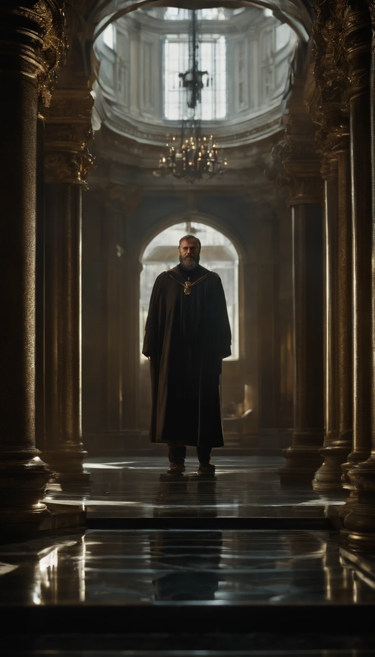 Charlemagne. hyper realistic, photo realism, cinematography, (Isolation:1.1), (Glaze:1.1), (Reflected light:1.2), Glass, Polygon, ultra detailed, intricate, (surrealism:1.1), (disturbing:1.1), ((((looking at the camera)))) , full shot, ((dark theme)), ((vfx))